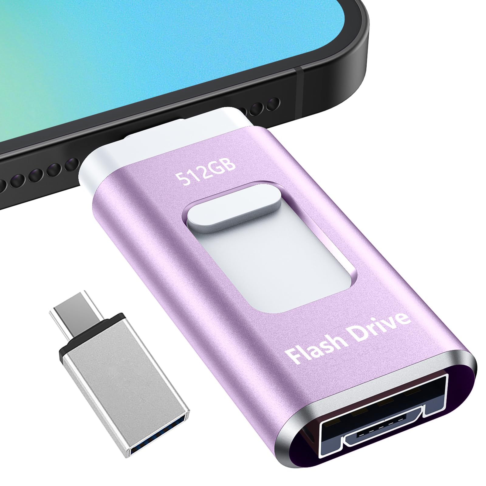 【専用アプリ不要】USBメモリー512GB iPhone 対応 USBメモリ 高速 データ バックアップphone写真データ保存 容量 フラッシュメモリ タイプc USBメモリphone用外付けメモリPhone/Pad/PC/Macbook/Android対応携帯容量不足解消 紫