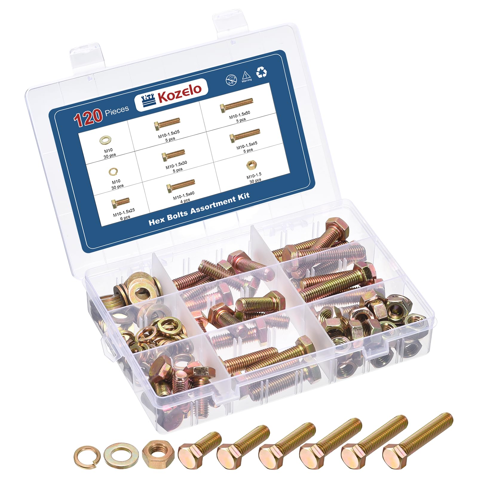 Kozelo 120 Pcs Bolts and Nuts Washers Kit - [M10] Carbon Steel Hex Tap Bolt Assortment Fully Threaded Hexagon Head Machine Bolts Right Hand External Hex Drive, Yellow