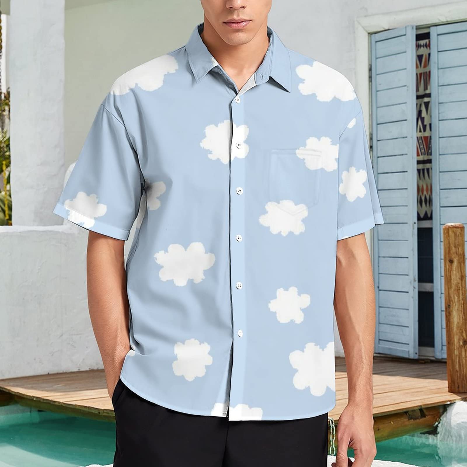 Amazon.co.jp: Shirt Blue Sky Cloud Pattern Men's Aloha Shirt