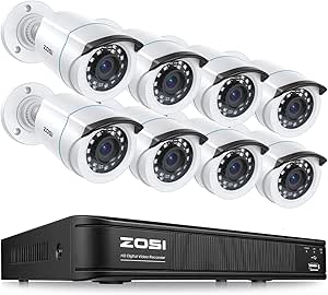 ZOSI 1080P HD Home Surveillance Camera System with AI Human Vehicle Detection, 5MP 8 Channel CCTV DVR Recorder (No HDD), 8 x 2.0MP 1920TVL Outdoor/Indoor Surveillance Bullet Cameras, Remote Access asin的图片