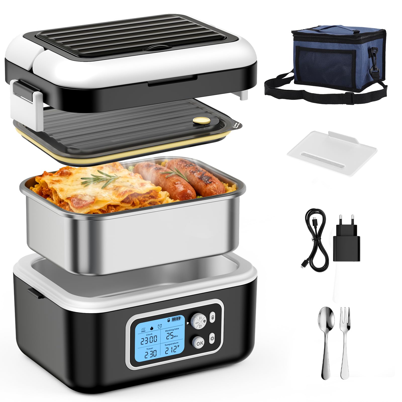Fiambrera Eléctrica, 1,5L Fiambrera Calefactable Inalámbrica, 27000mAh Calentador de Alimentos Eléctrico Portátil, Fiambrera Autocalefactable Recargable para Oficina Coche Viajes Camping, Negro