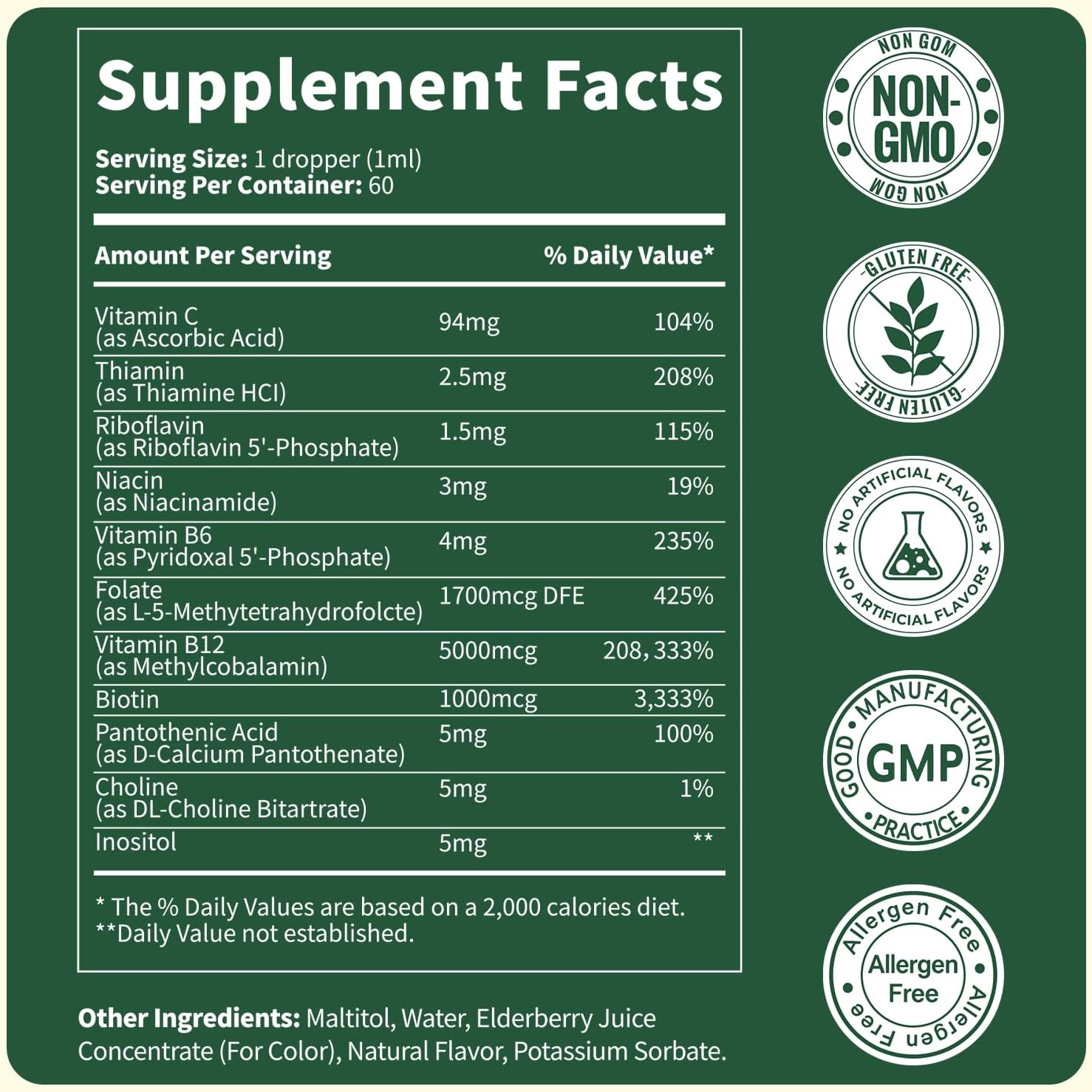 Vitamin B Complex Drops, Active B12 Methylcobalamin 5000mcg, B6, B1, B2, B5, B7, B3, Folate with Vitamin C, B12 Sublingual Liquid Fast Absorption | Boost Energy, Focus & Immunity, Vegan | 60 Servings