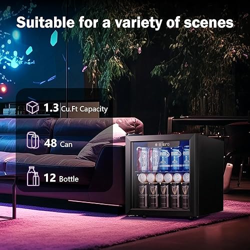 Miniatura 3 de Refrigerador y enfriador de bebidas, mini refrigerador de 48 latas/12 botellas con puerta de vidrio, mini refrigerador de bebidas pequeño con