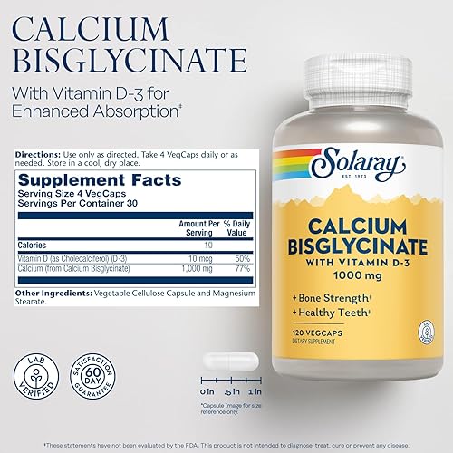 Miniatura 2 de Solaray Bisglicinato de calcio de 1000 mg con vitamina D-3, suplemento de calcio quelado para fortaleza ósea y soporte dental saludable, absorción