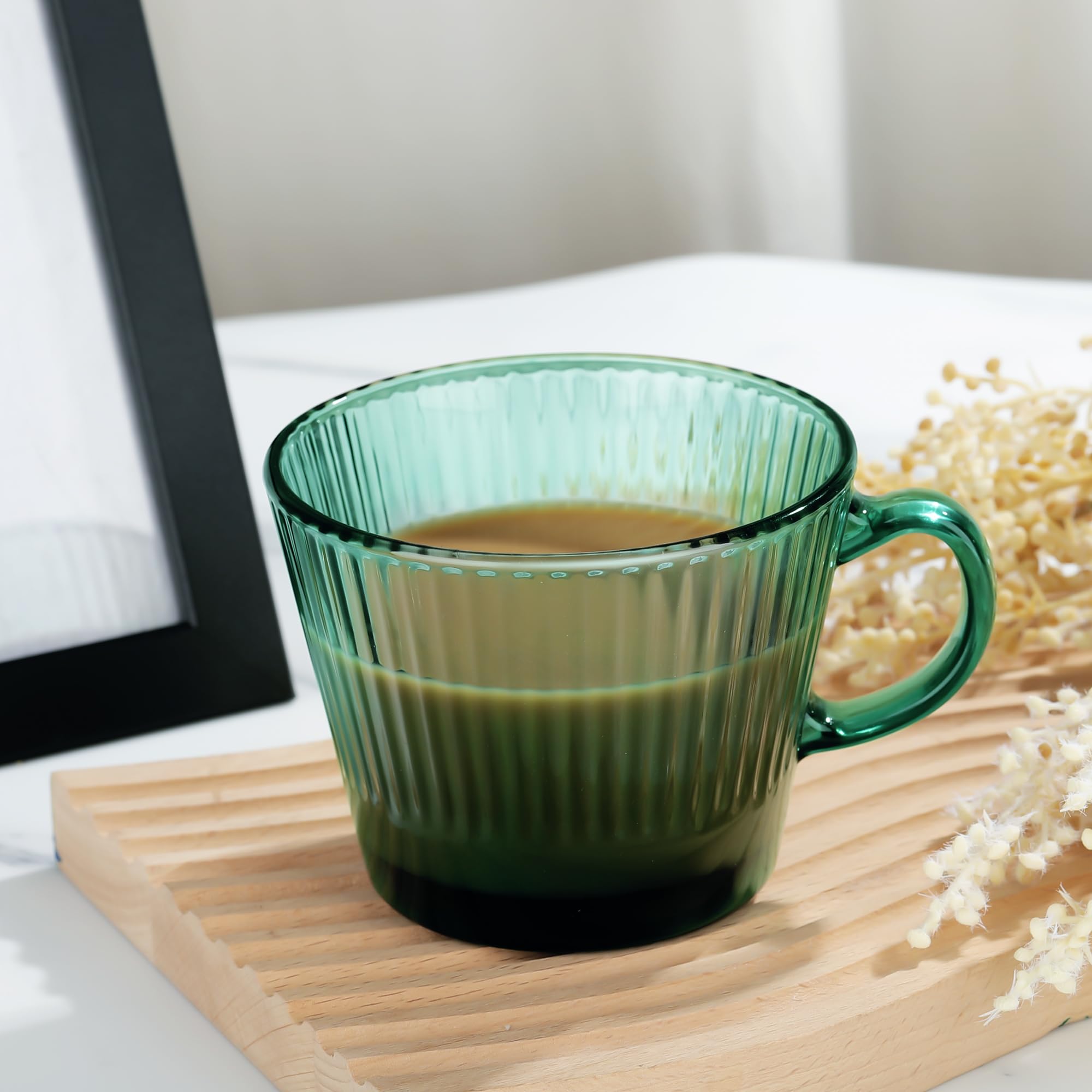 Joeyan 400ml Tazze da Caffè in Vetro,Set di 2 Verde Tazza con cucchiaino,Bicchieri a Coste per espresso Demitasse, Cappuccino Latte Tè,Latte, Cereali, Gelato, Yogurt, Lavabili in Lavastoviglie
