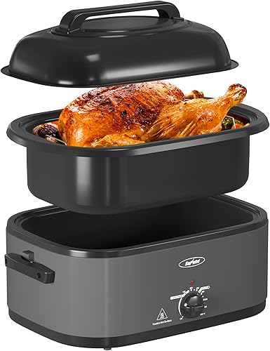 Miniatura 11 de Sunvivi Horno asador eléctrico de 24 cuartos de galón con tapa visible autohilvanado, horno asador de pavo con sartén y estante extraíbles, perfecto