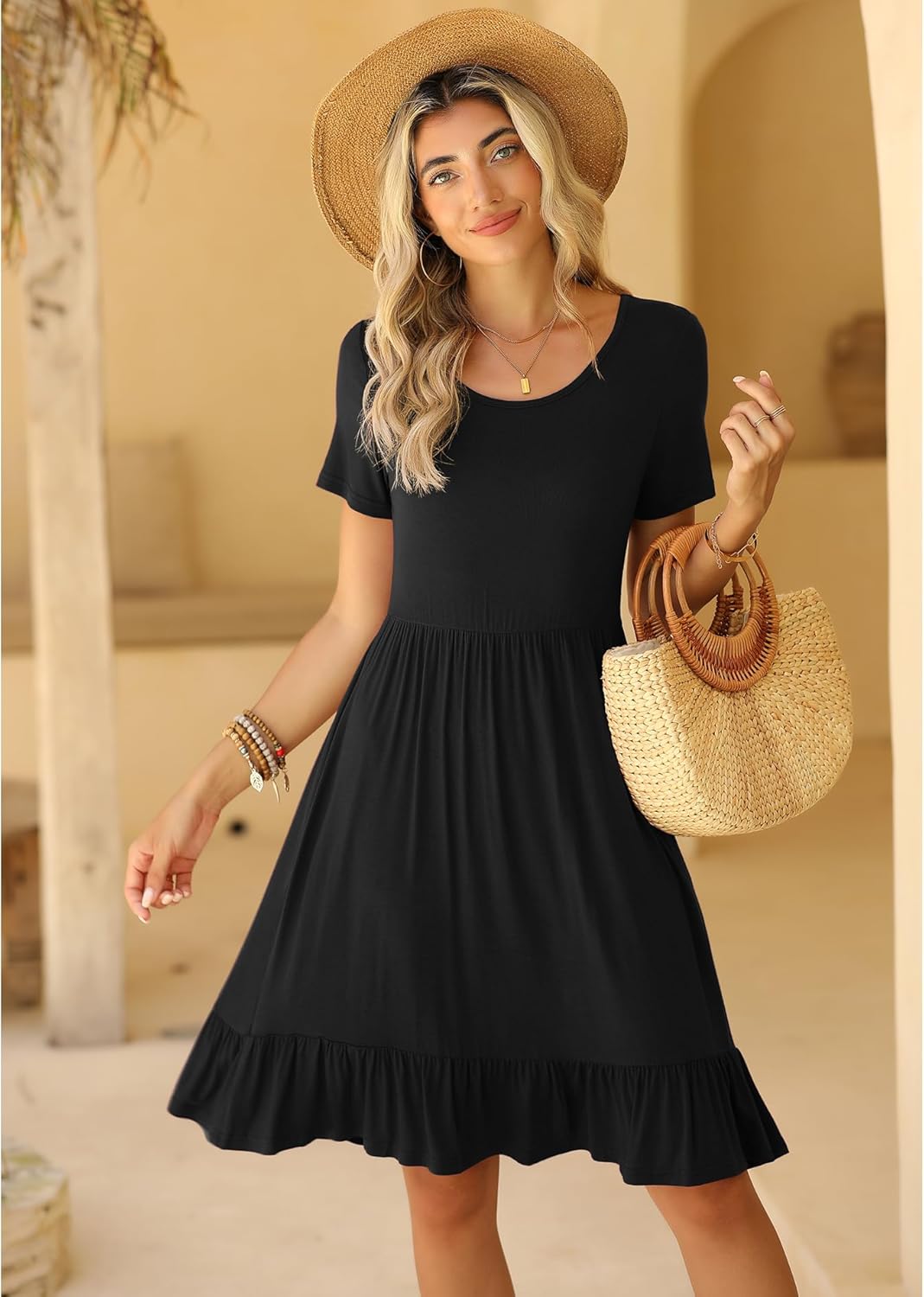 LILBETTER Round Neck Knee Length Dress for Women with Pockets Casual Summer Short Sleeve Pleated Ruffle Hem Short Dress - Image 2