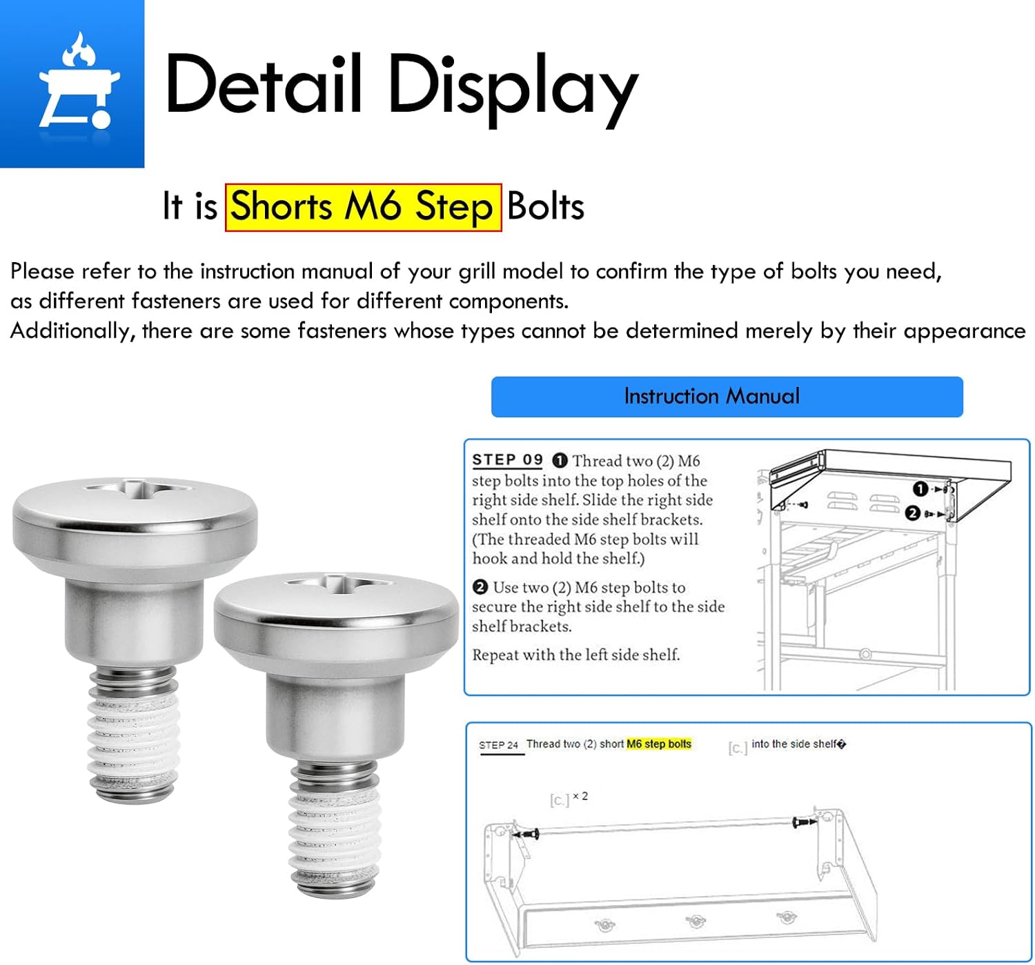 Short M6 Step Bolts Replacement Parts for Blackstone 36 28 22 Inch Gas Griddle with Side Shelf/Shelves Screws Side Table Step Bolts Omnivore Culinary Pro Adventure Ready Accessories, 4pcs