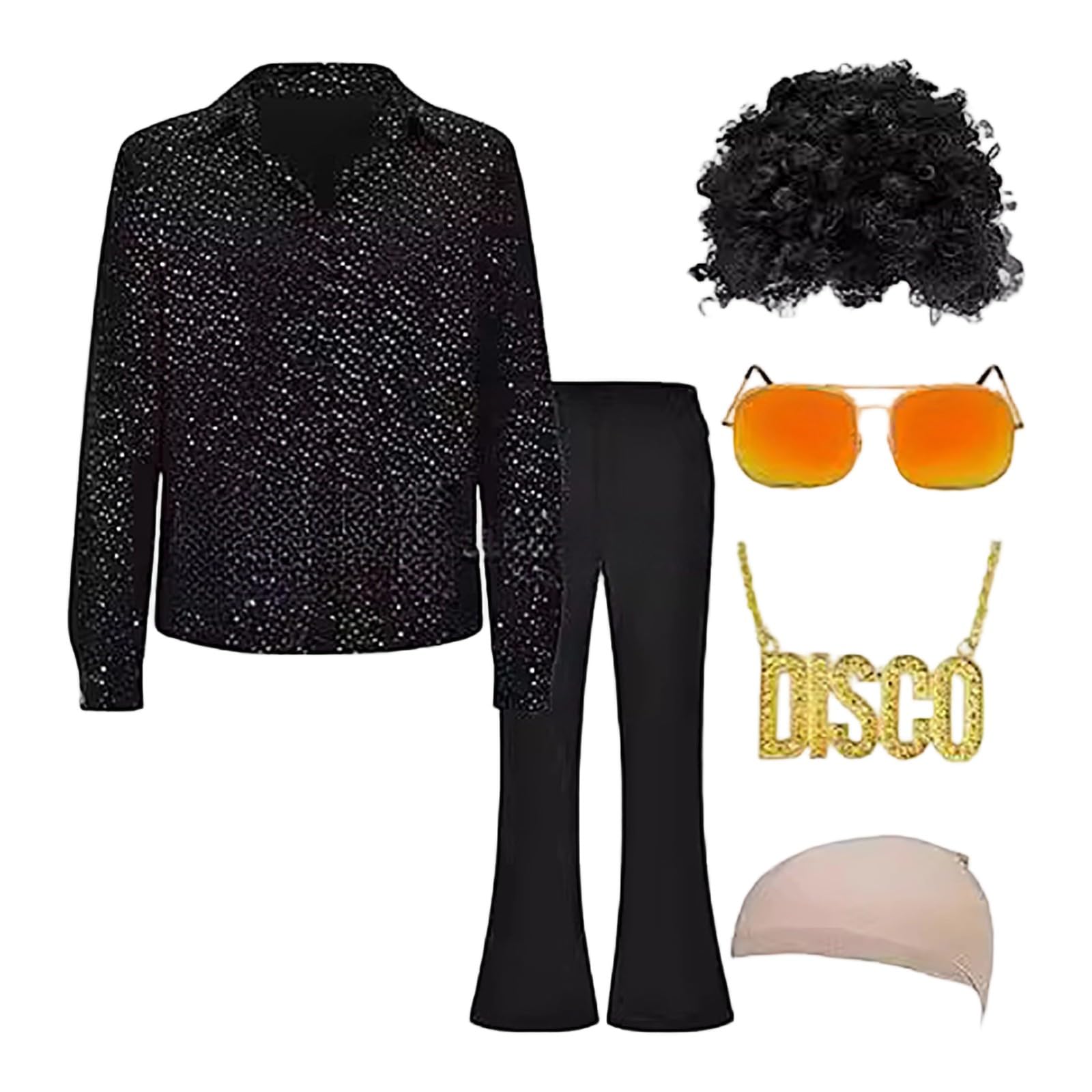 Generisch 70er Jahre Disco Kostüm Set Hippie Herren 6 Stück Outfit mit Schlaghose Hemd Perücke Brille Halskette 80s Fasching Bekeidung für 50s 60s 70s Cosplay Halloween Party Karneval Outfit