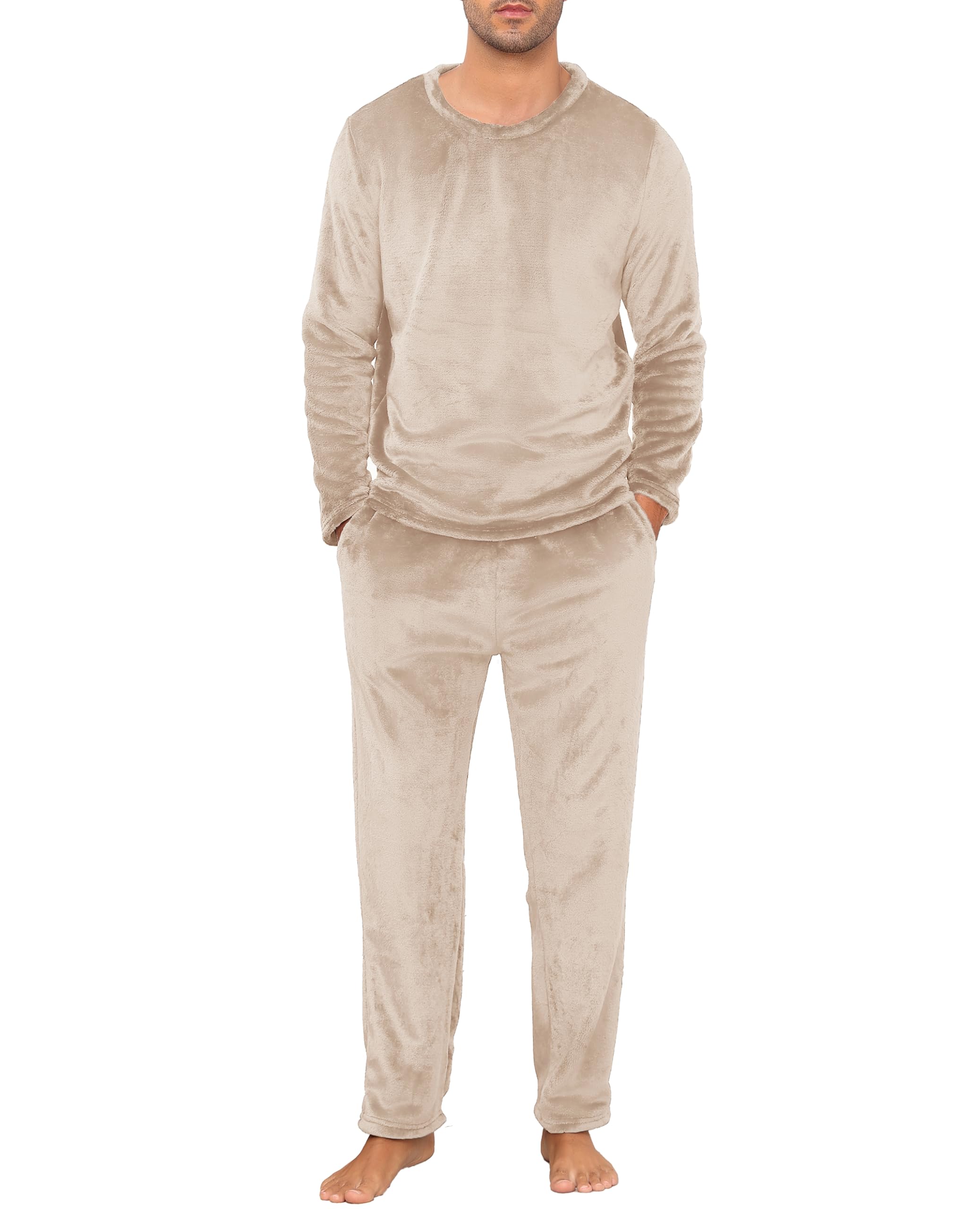 Lovasy Warm Schlafanzug Herren Lang Winter Fleece | Flauschiger Plüsch Pyjama Set Rundhals Langarm Schlafanzüge für Herren Zweiteiliger Loungewear