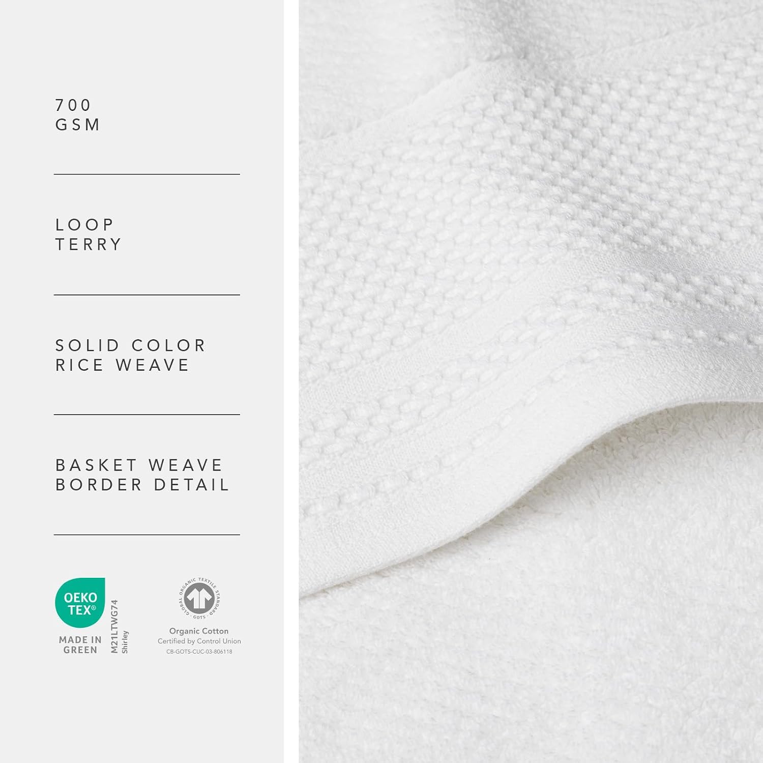 Texere 100% Organic Cotton Rice Weave Jacquard 700 GSM Luxury Bath Towel Sets - Ultra Soft and Absorbent Hotel and Spa Quality (Rice Weave, Bright White, 4 Bath Towels)