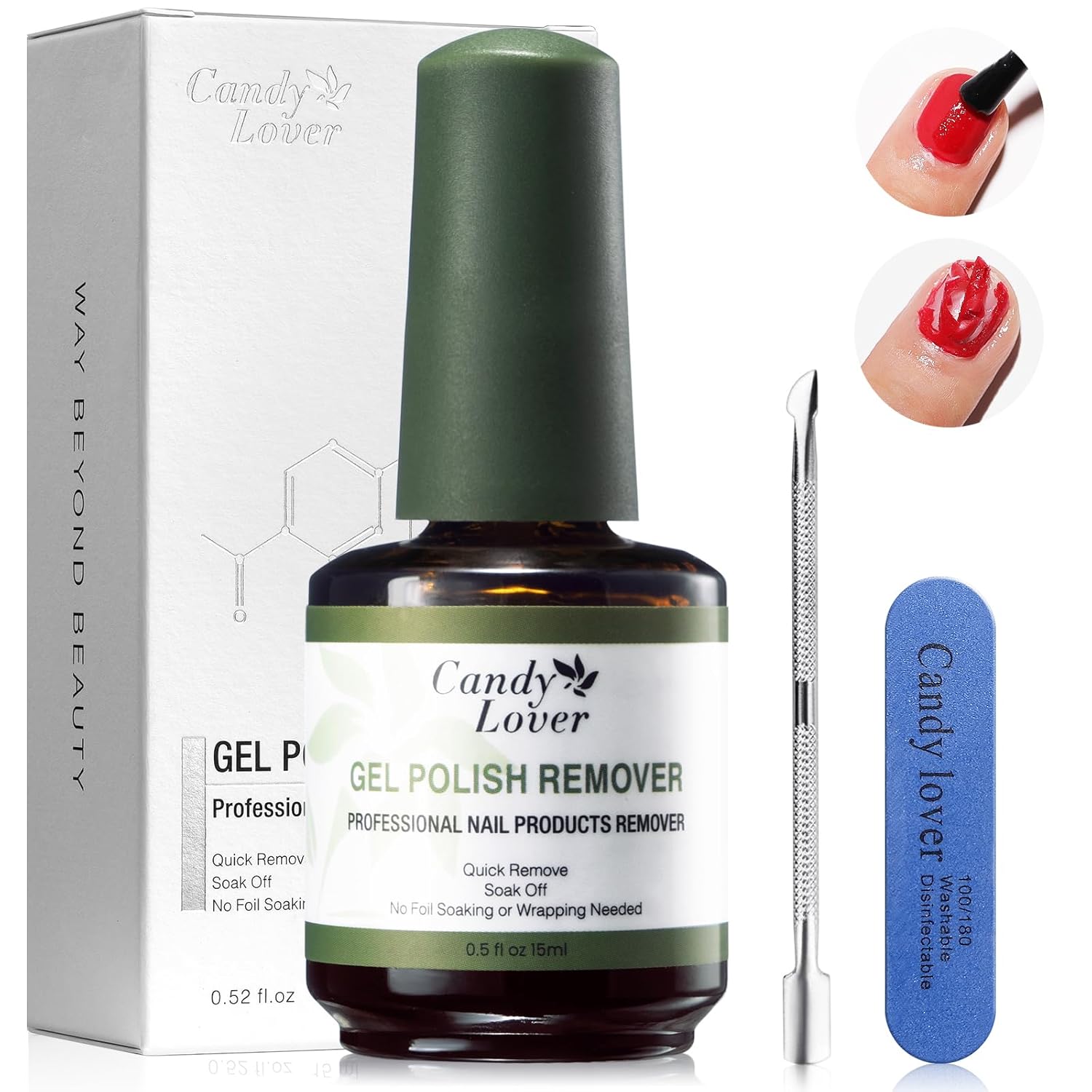 Candy Lover Gel Polish Remover, Gel Nail Polish Remover No Need Soaking or Wrapping, Quick & Easy Gel Remover for Nails in 3-5 Mins, Professional Nail Gel Remover Kit with Nail File and Cuticle Pusher