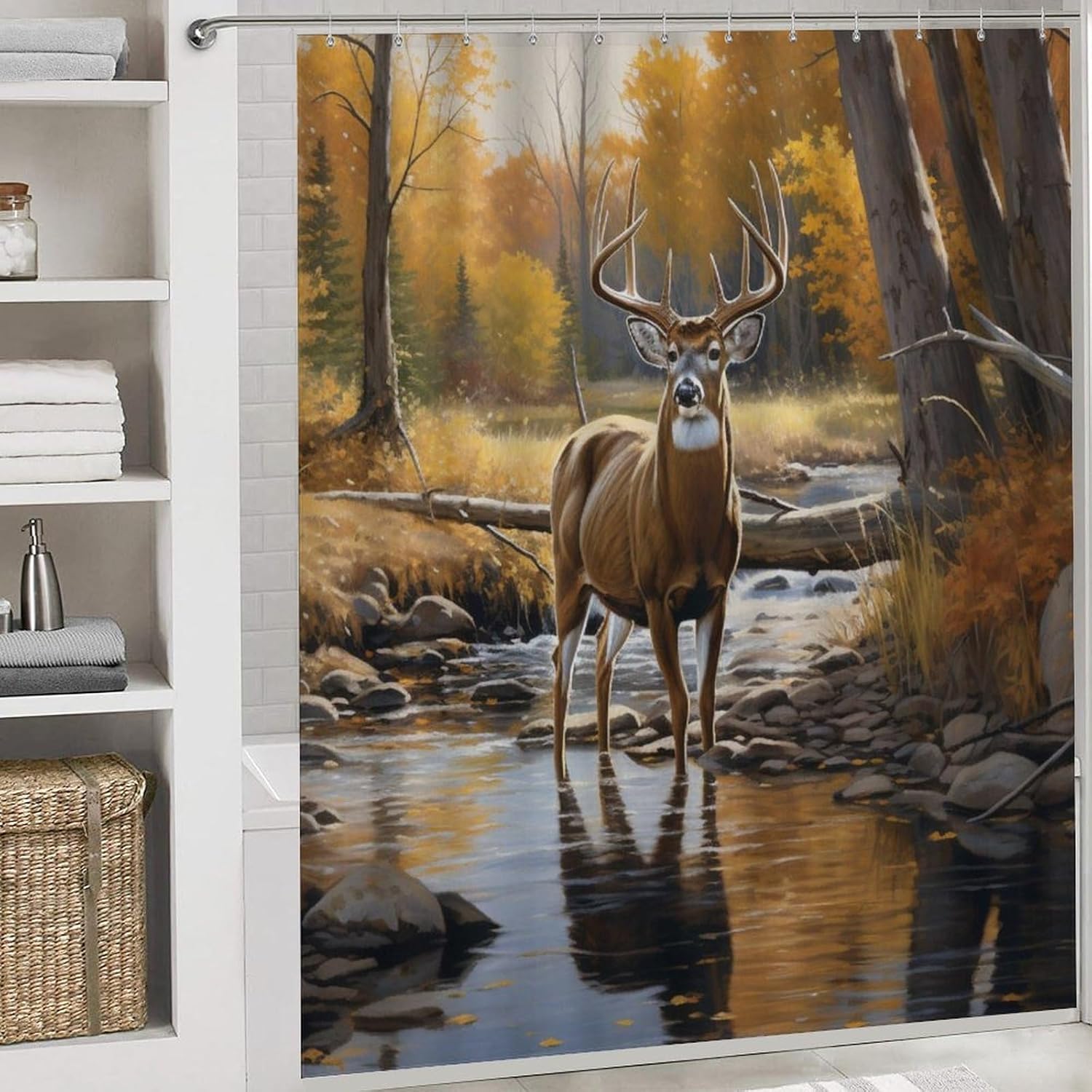 Country Rustic Deer Shower Curtain Sets with Rug, Toilet Lid Cover and Bath Mat, Wild Animals Vintage Shower Curtains with 12 Hooks Waterproof 4 Piece Bathroom Decor Set