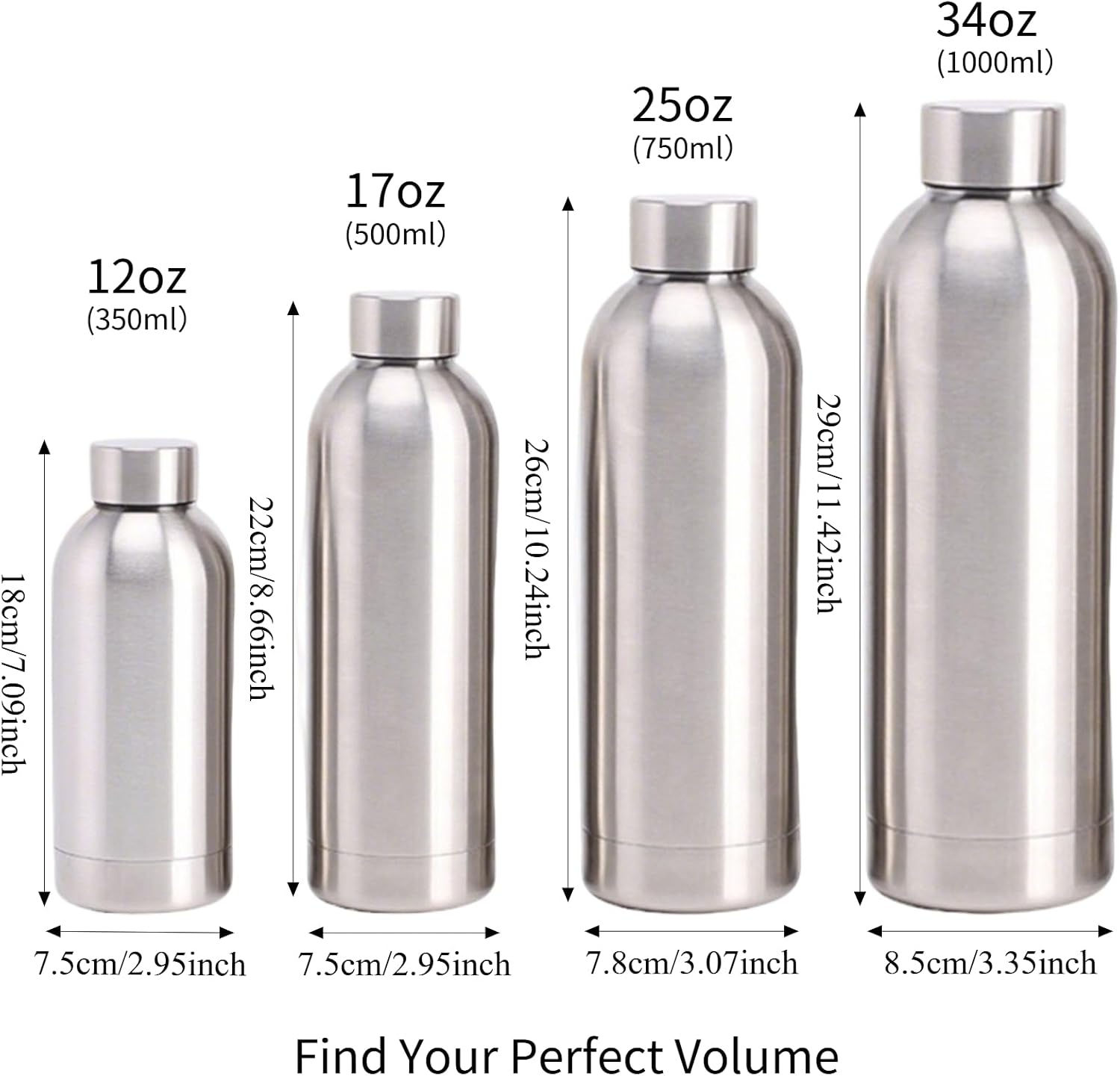 Stainless Steel Vacuum Insulated Flask With Screwon Lid, Dual Wall Thermal Retention Solid Metal Body, Daily On-The-Go Drinking Access -12/16/25/34oz Sizes (34)