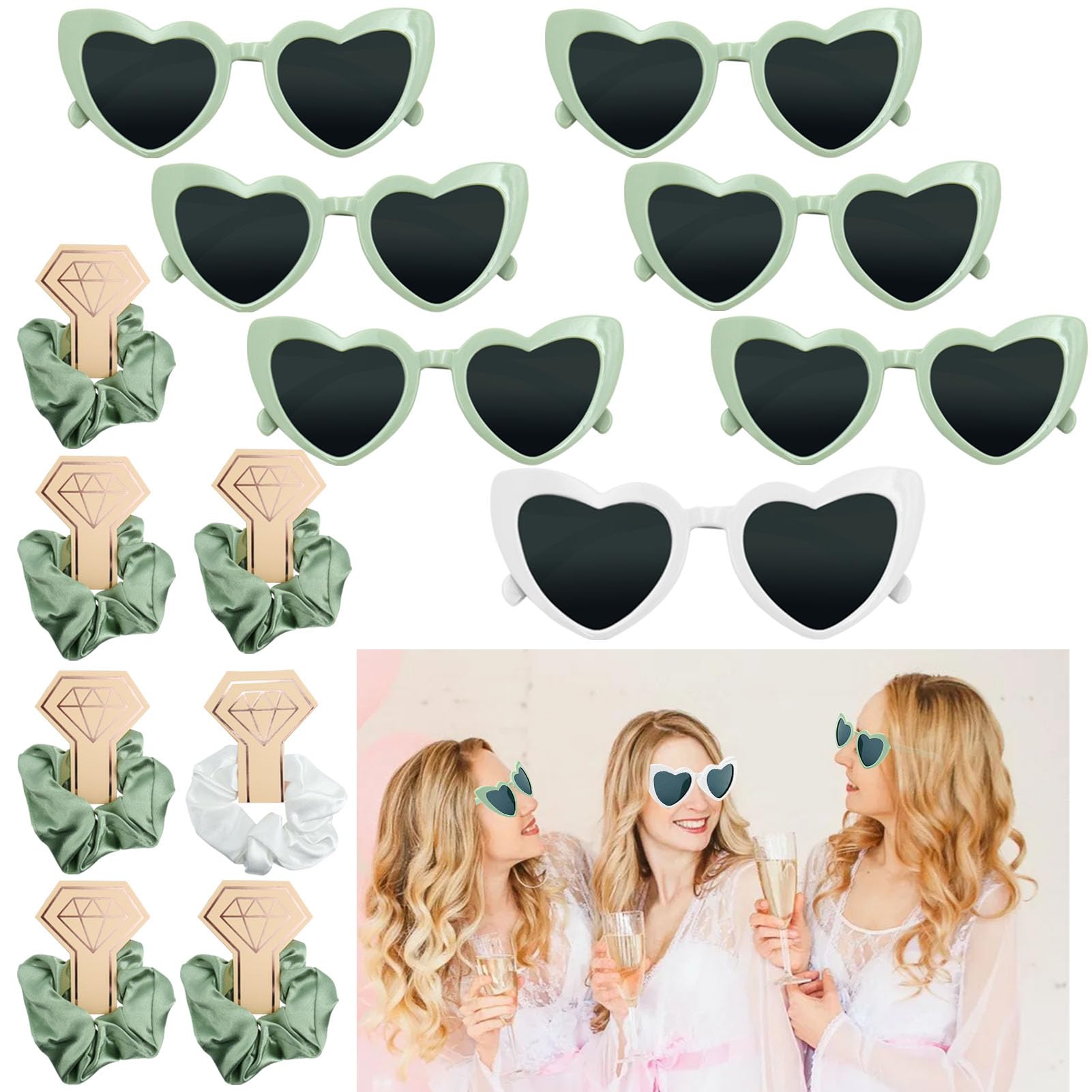 Set 20 Pezzi Occhiali E Braccialetti Addio Nubilato | Tema Sposa, Colore Bianco E Verde Salvia - Foto 4