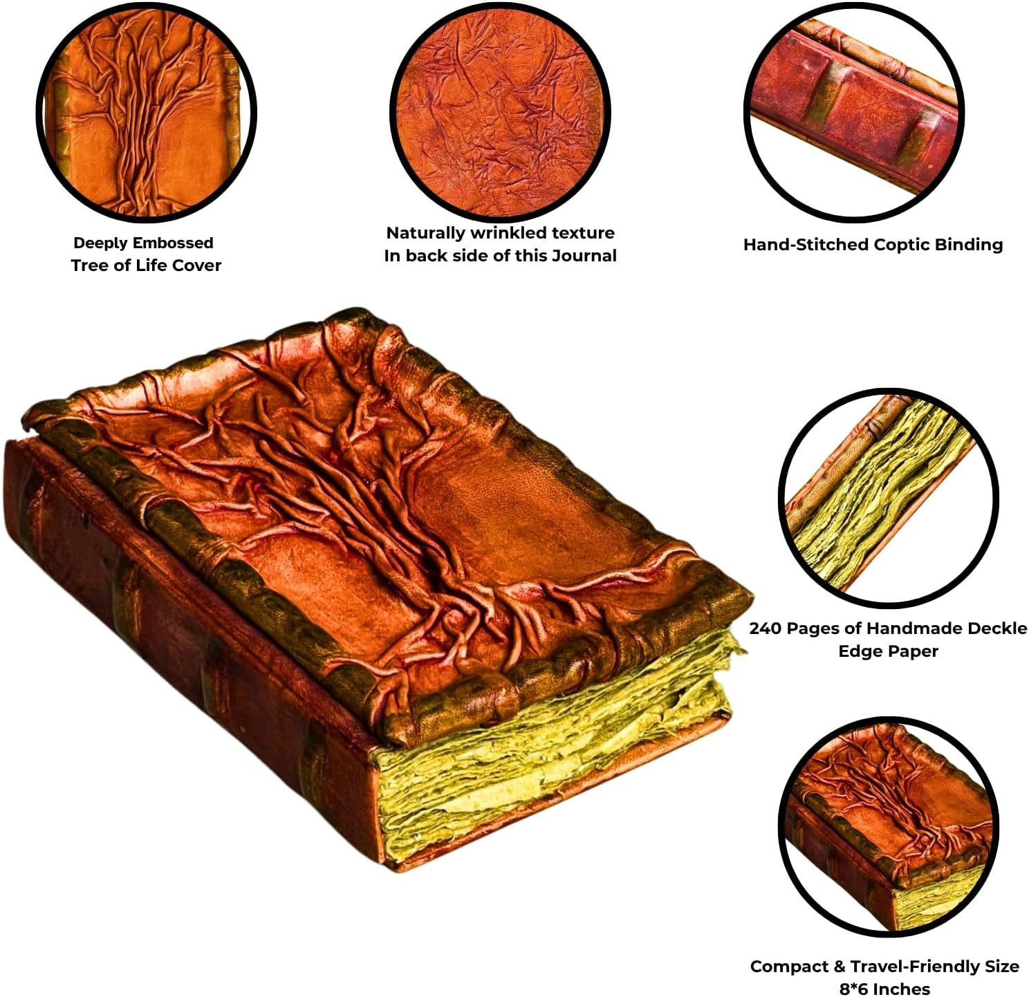 Handmade Leather Journal – Vintage Leather-Bound Notebook with 200 Deckle Edge Pages – Rustic Writing Journal, Antique Travel Diary & Unlined Sketchbook – Artisan Gift for Men & Women, Writers & Artists (Branches of Time)