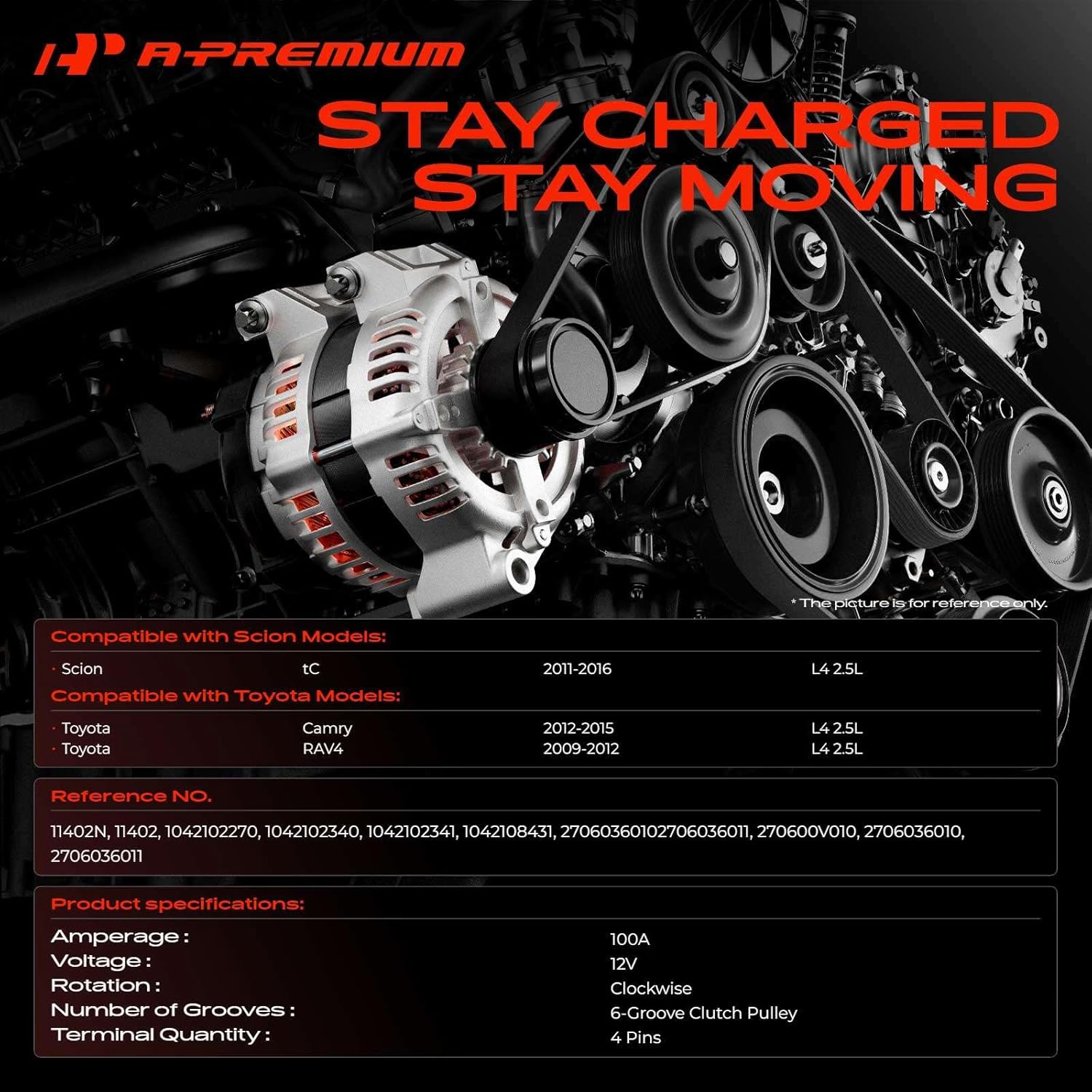 A-Premium Alternator Compatible with Toyota & Scion Models - Camry 2012 2013 2014 2015, RAV4 2009-2012, tC 2011-2016 - L4 2.5L - 12V 100A CW 6-Groove Clutch Pulley - Replace# 27060-36010, 104210-2270