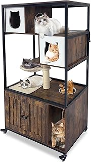 57.5 Inch Cat Tree with Hidden Litter Box Enclosure, Wooden Cat Tower Cabinet on Wheels, Multi-Level Cat Furniture with Condo, Hammock, Scratching Post & Mat, Retro Brown