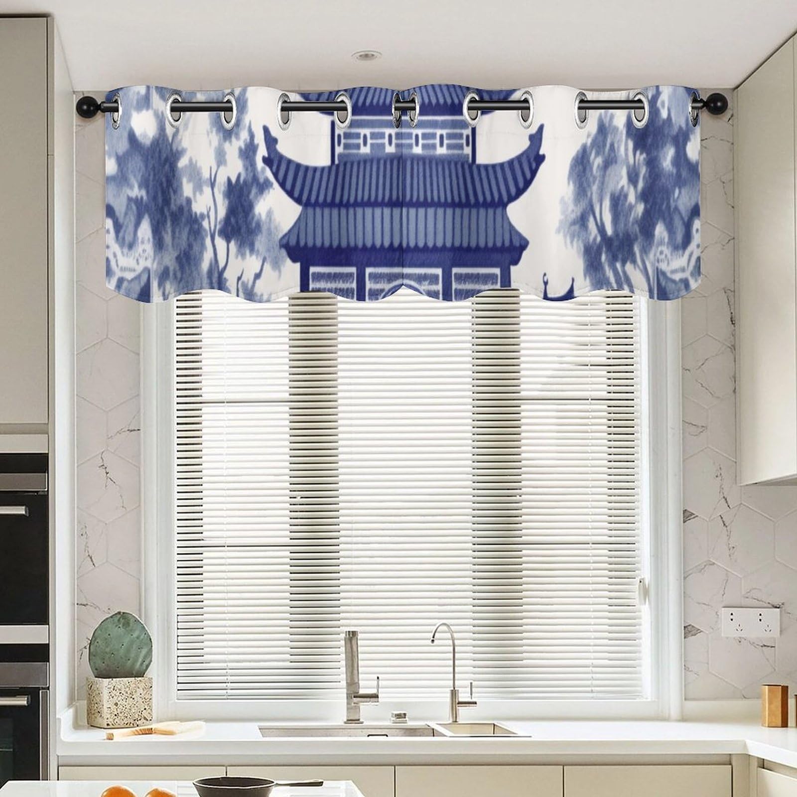 Cantonnière de style asiatique bleu lot de 2 rideaux courts chinois pour fenêtre 132x45