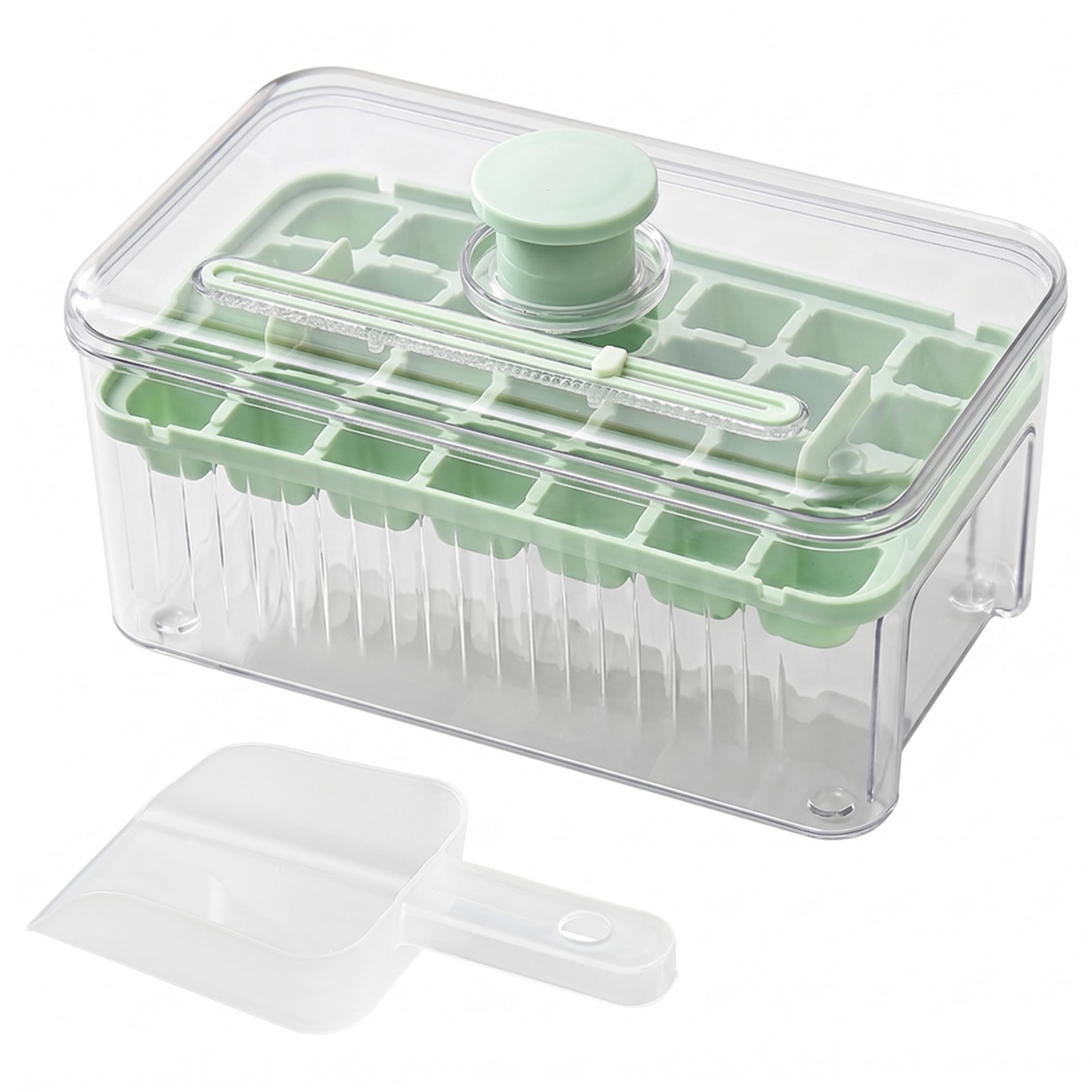 Xoeryoy 28-grid Ice Cube Tray With Storage Bin, Press-to-release Stackable Ice Tray For Freezer With Leak-proof Lid And Shovel, Light Green