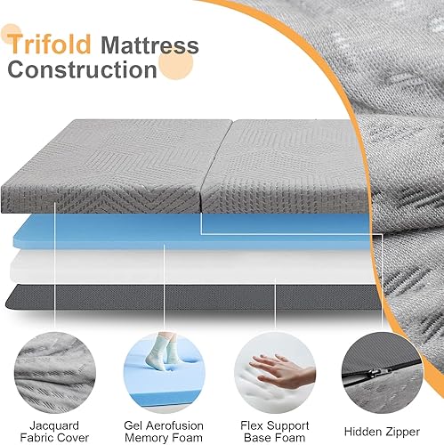 Miniatura 3 de MUUEGM Colchón plegable de tres pliegues, colchón portátil de espuma viscoelástica de 4 pulgadas, cubrecolchón plegable con funda extraíble,