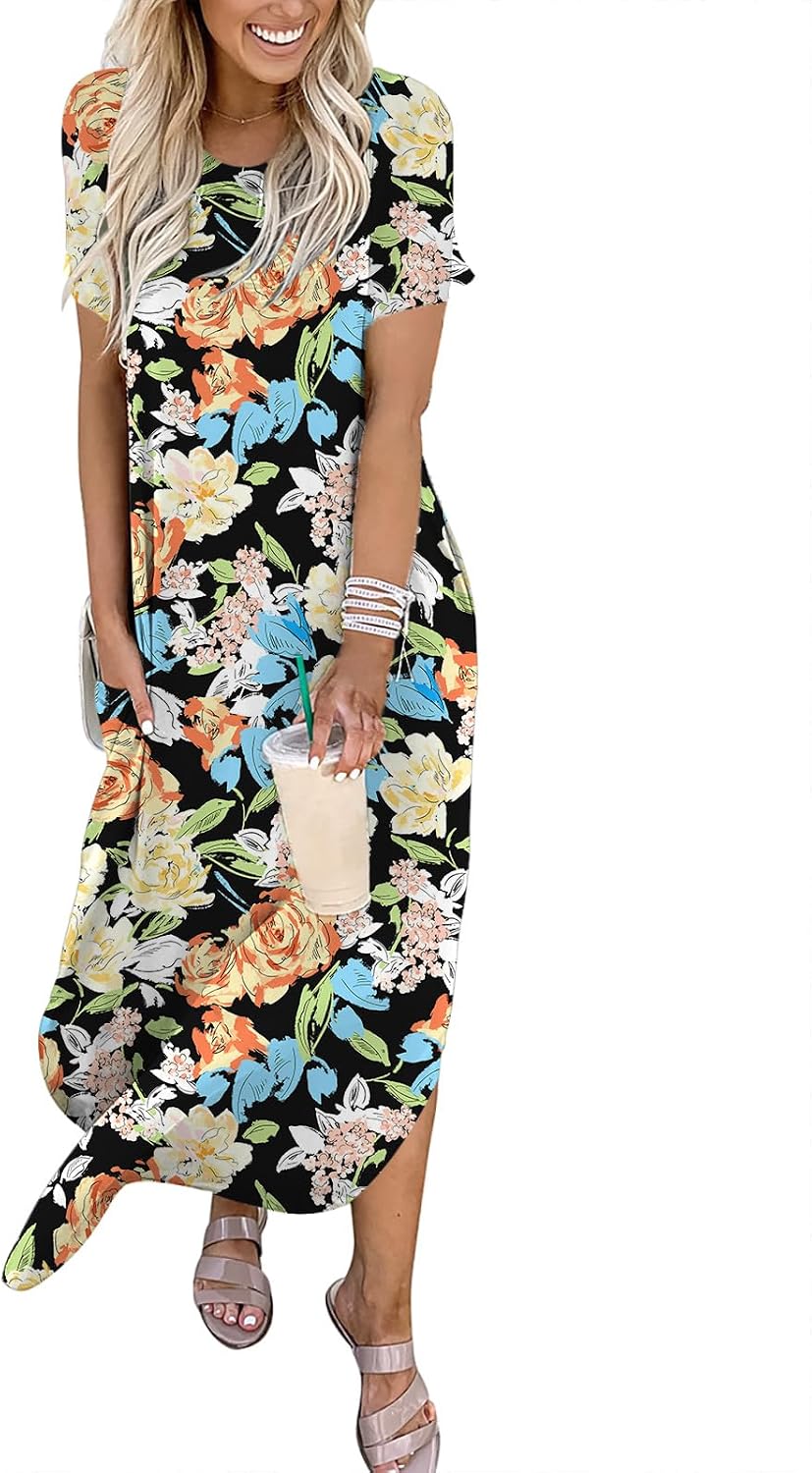  Womens Summer Maxi Dress Short Sleeve Casual Loose Long T Shirt Dresses Split Vacation Beach Sundress Travel Outfits thumbnail