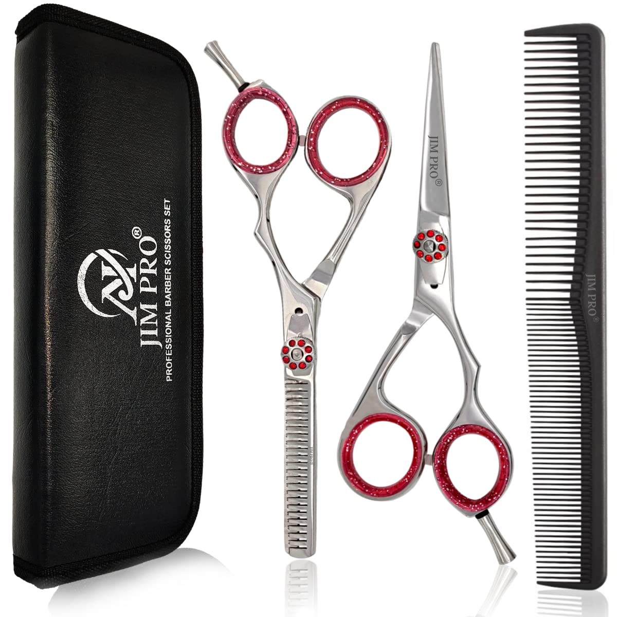 JIM PRO Hair Cutting Scissors Set, Professional Shears Kit (Hair Beard Trimming Shears & Barber Thinning Scissors Set) Beard & Mustache Scissor Kit for Men Women Pets Home Salon (RED/Silver) Set 6