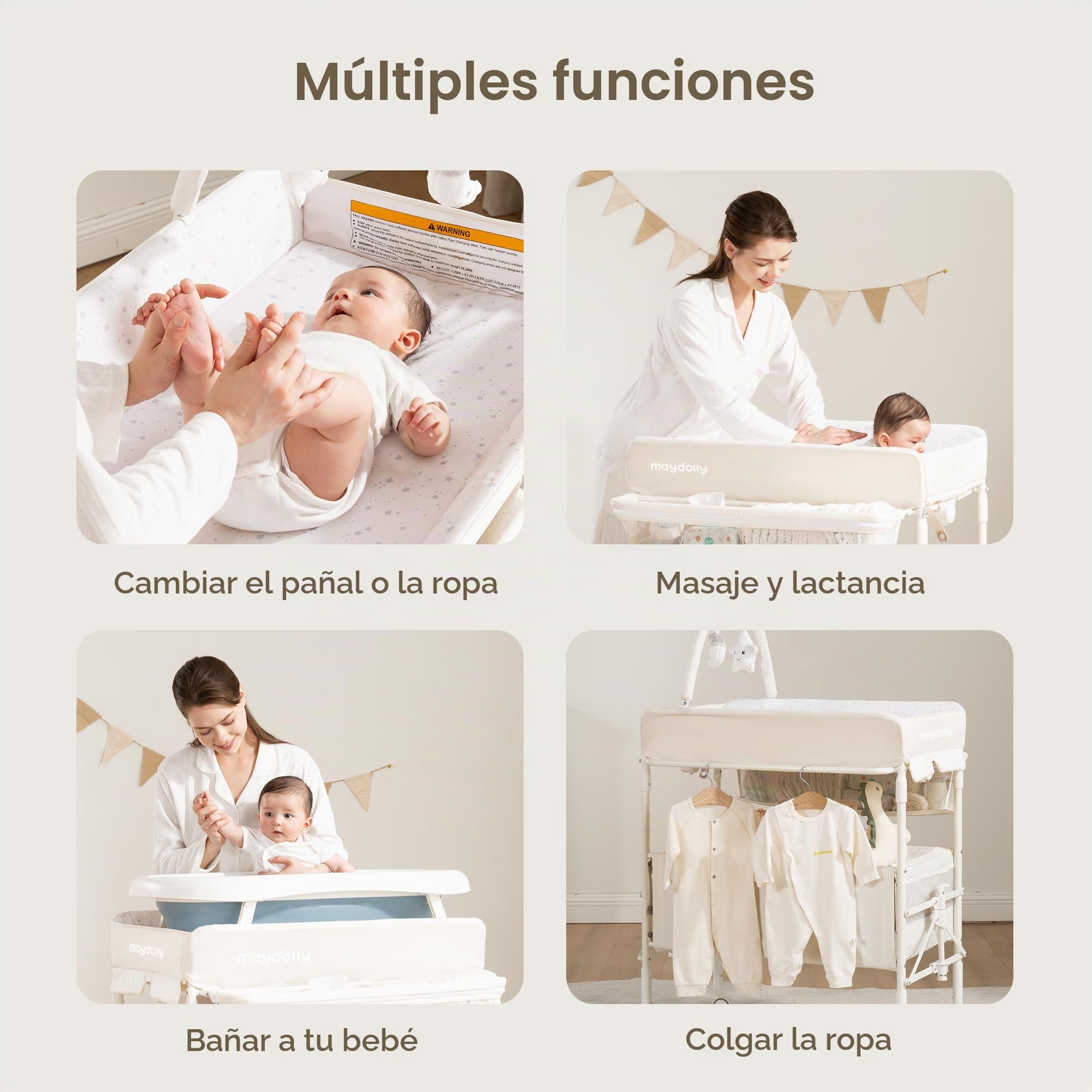 Maydolly Cambiador de Bebé Plegable y Portátil, Altura Ajustable, con Ruedas, 2 Cestas de Almacenamiento y Colchón Impermeable – Color Beige