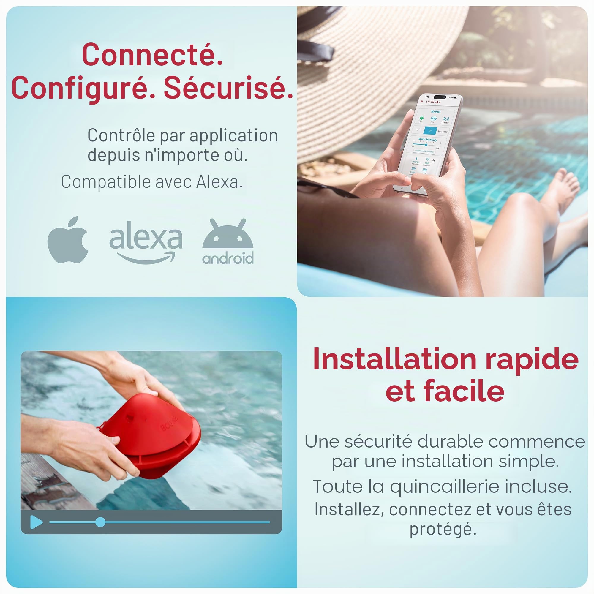 BCone Alarme de Sécurité pour Piscine Flottante Connectée, Sirène Puissante, Application Mobile, Détection de Chute, Protection Enfants et Animaux, Installation Rapide