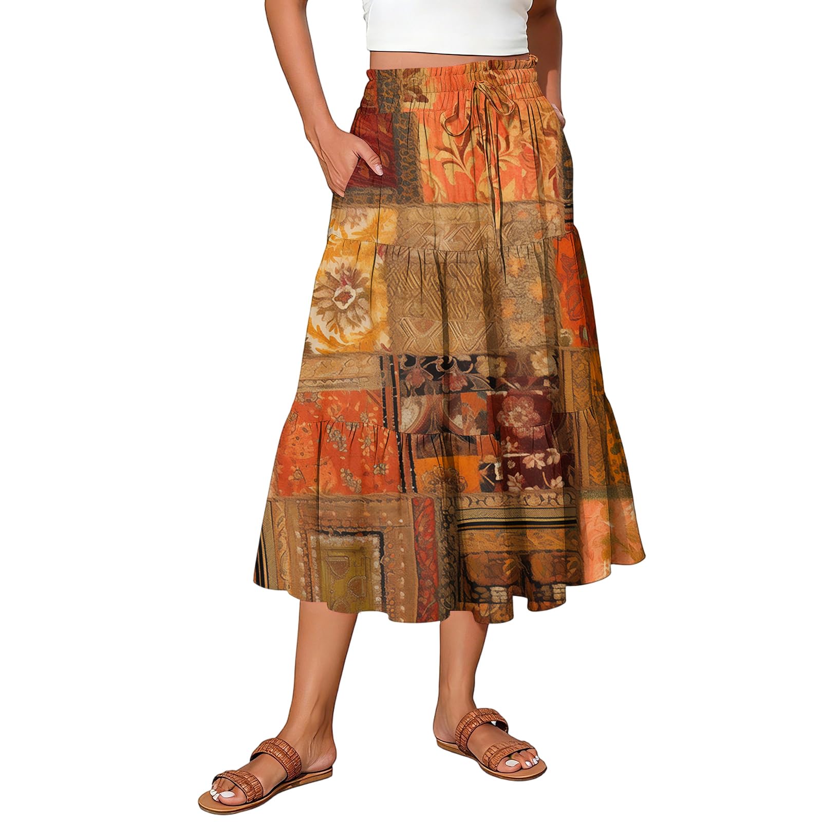 Skirts for Women 2026 Summer Boho Skirts Elastic High Waist Skirt A-Line Midi Dress Floral Printed Pleated Skirts
