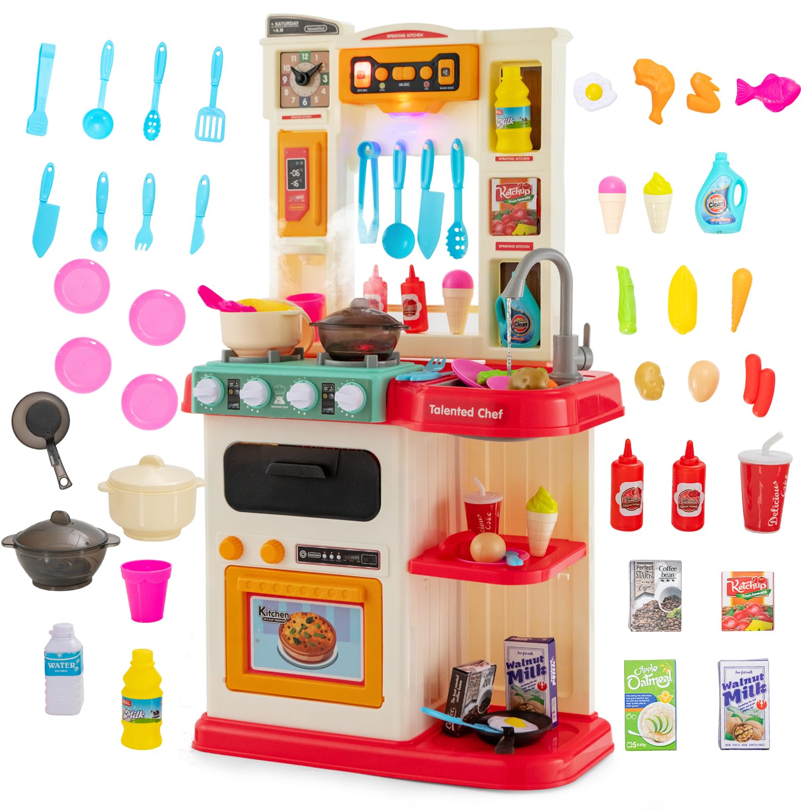 COSTWAY 65 TLG. Kinderküche mit Lichter, Musik und Sound, Spielküche inkl. Zubehör, Kinderspielküche mit Wasserpumpe, Spielzeugküche für Kleinkinder ab 3 Jahren (Rosa)