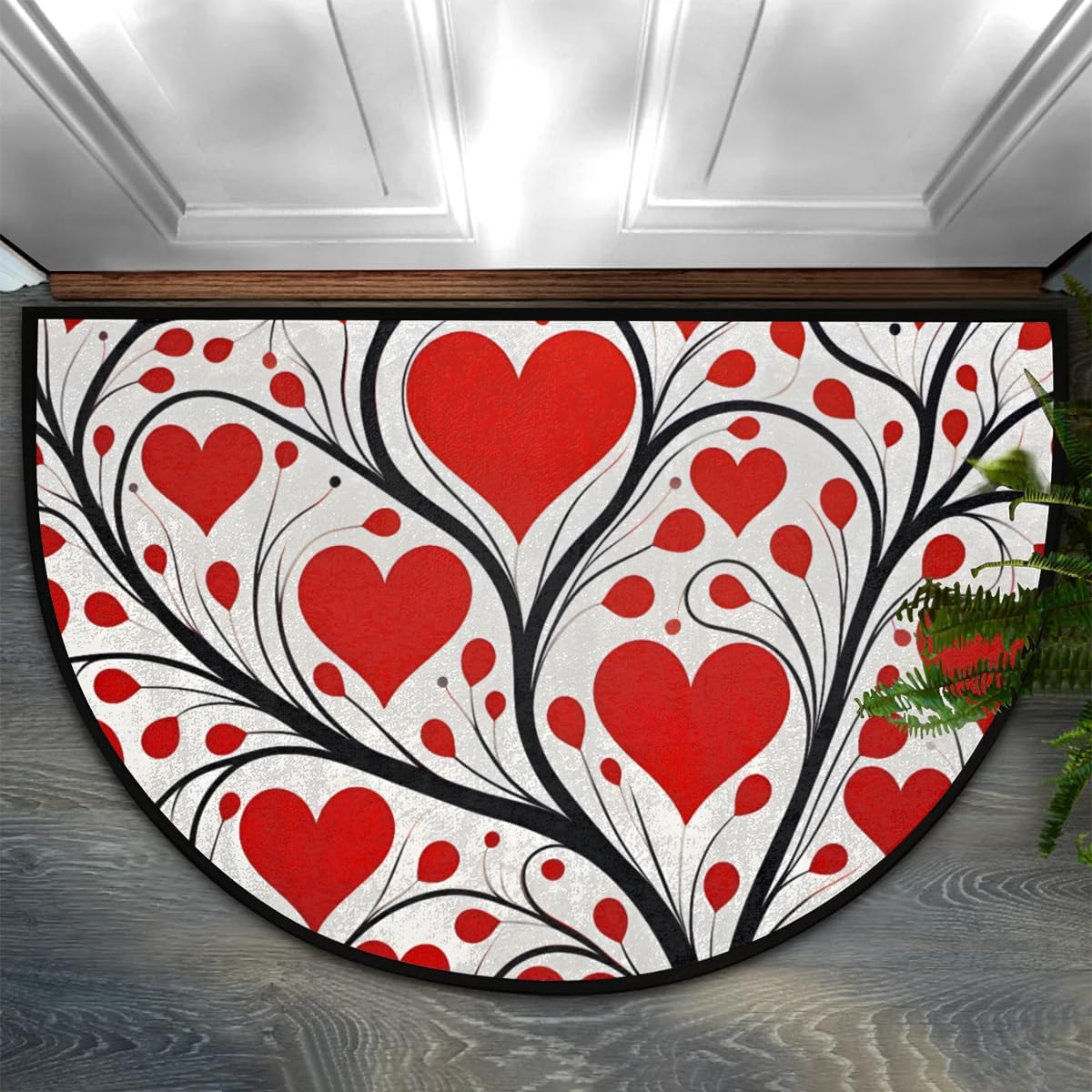 cfpolar Half Round Door Mat Valentine's Day Heart Tree Non-Slip Semi Circle Area Rug Washable Semi Circle Floor Rug for Indoor Outdoor Living Room Bathroom Kitchen Patio Hearth Rugs Home Decoration