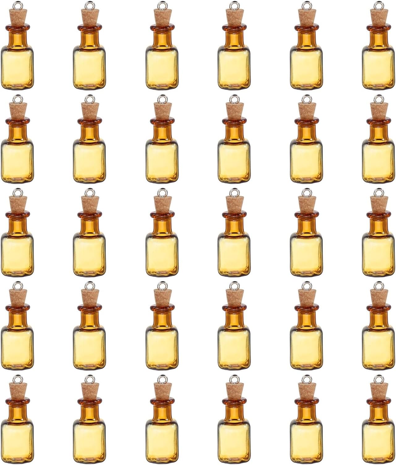 sourcing map 30 Pcs Mini Glass Bottles Jars, Square Small Cute Glass Jars Vials Pendants Small Vials Wishing Bottle with Cork Stoppers and Eye Screws for DIY Crafts Wedding Favors, Brown