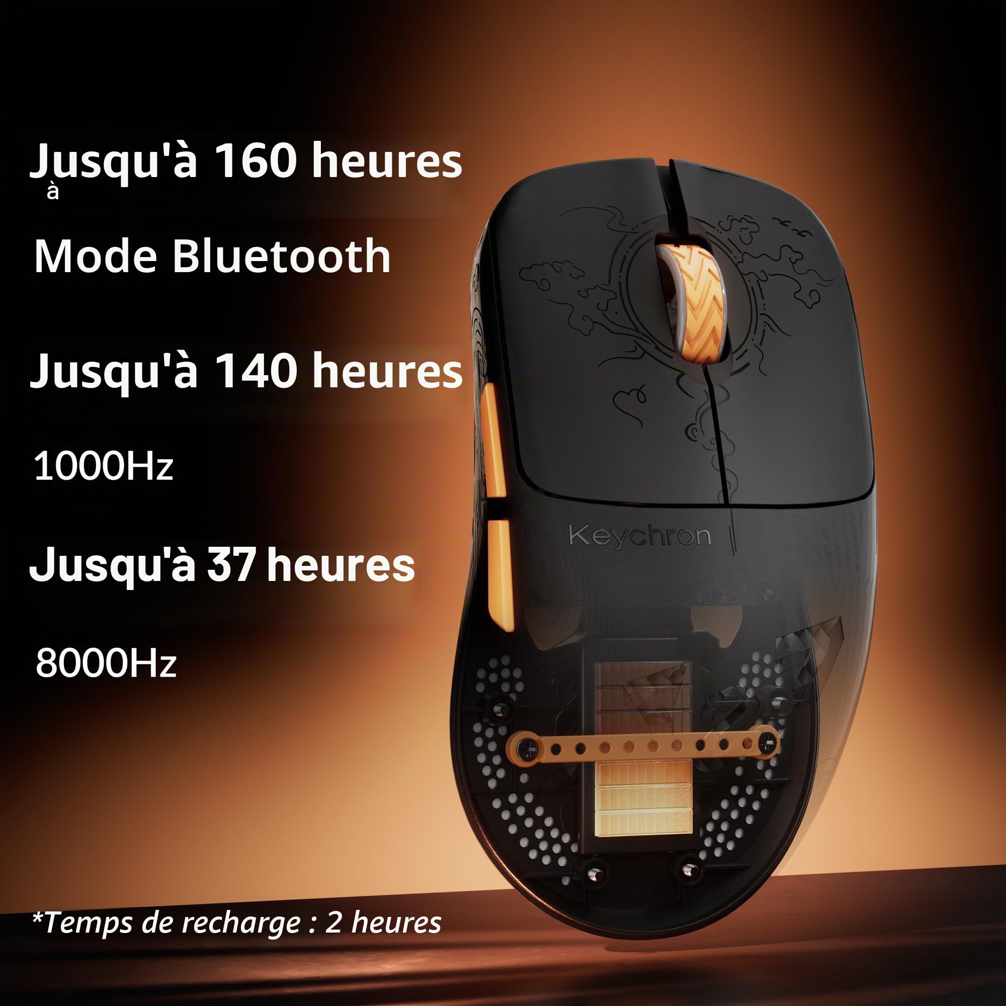 Keychron G3 8K Souris Gaming en Fibre de Carbone, Ultralégère 44g, 8000 Hz, 2,4 GHz/BT 5.3/USB-C, PixArt 3950, 30000 DPI, 160 Heures d‘Autonomie, 5 Boutons Programmables, Idéale pour l'e-Sport et FPS