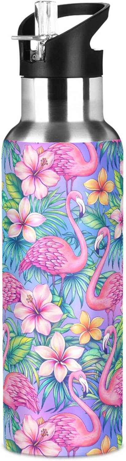 MNSRUU Water Bottle with Straw Stainless Steel, Pink Flamingo Tropical Bird Flower Hot Cold Insulated Sports Water Bottle for Cycling Hiking School Yoga Gym, Leak Proof Lid