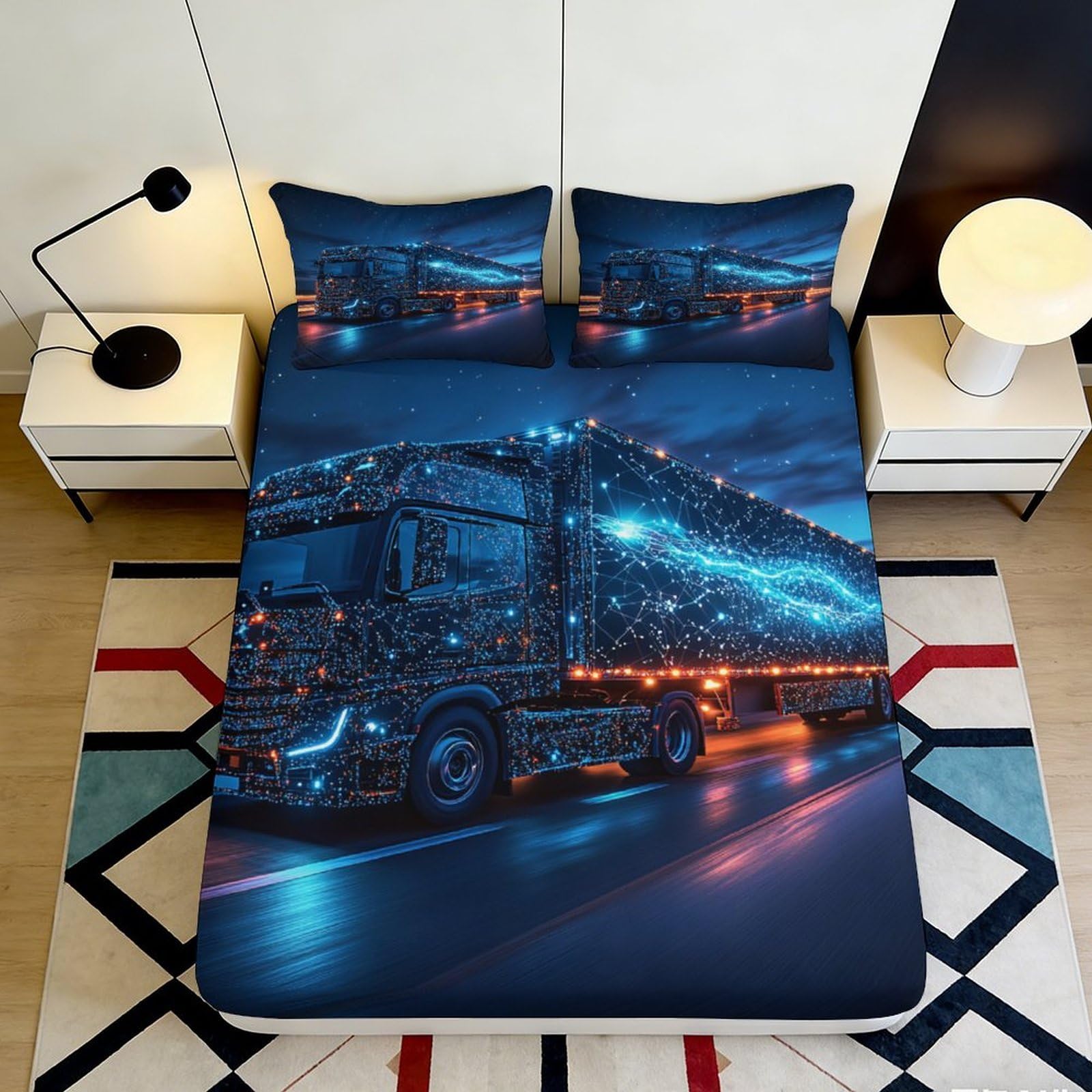 Pnayamiorkfel Style-10 3D Printed Futuristic Truck Fitted Sheet Microfiber Soft Breathable Neon Road Mattress Cover For Bedroom Decor 90X200x25cm