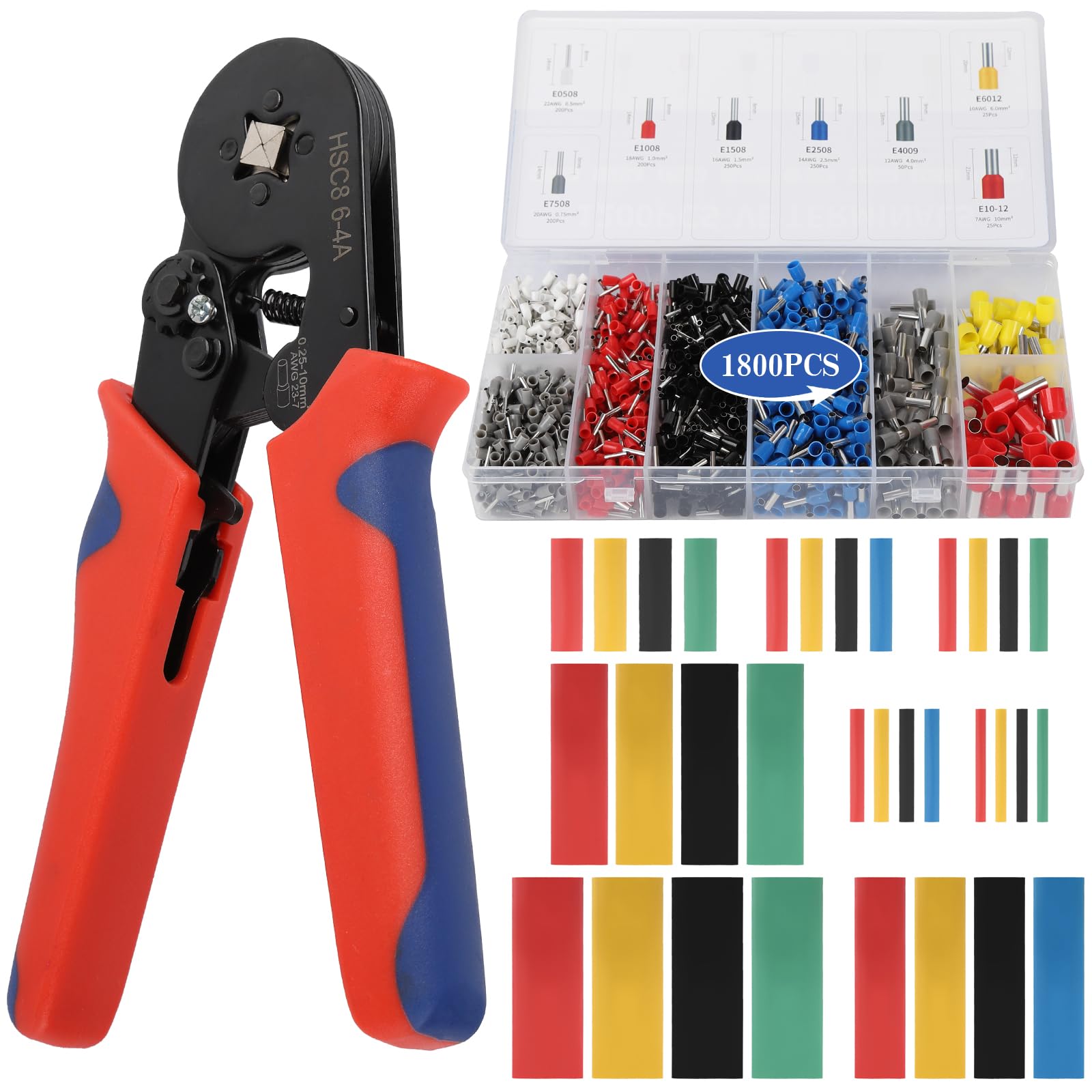 Ferrule Crimping Tool Kit - Wire ferrule Crimper with 1800PCS Ferrules Kit Wire End Terminals & 328 Heat Shrink Tubing, Self-adjustable Ratcheting