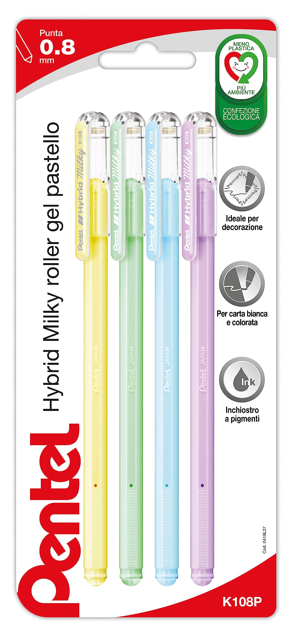 Pentel K108P Hybrid Milky Roller Gel colores pastel 4 unidades (verde, morado, amarillo, azul claro)