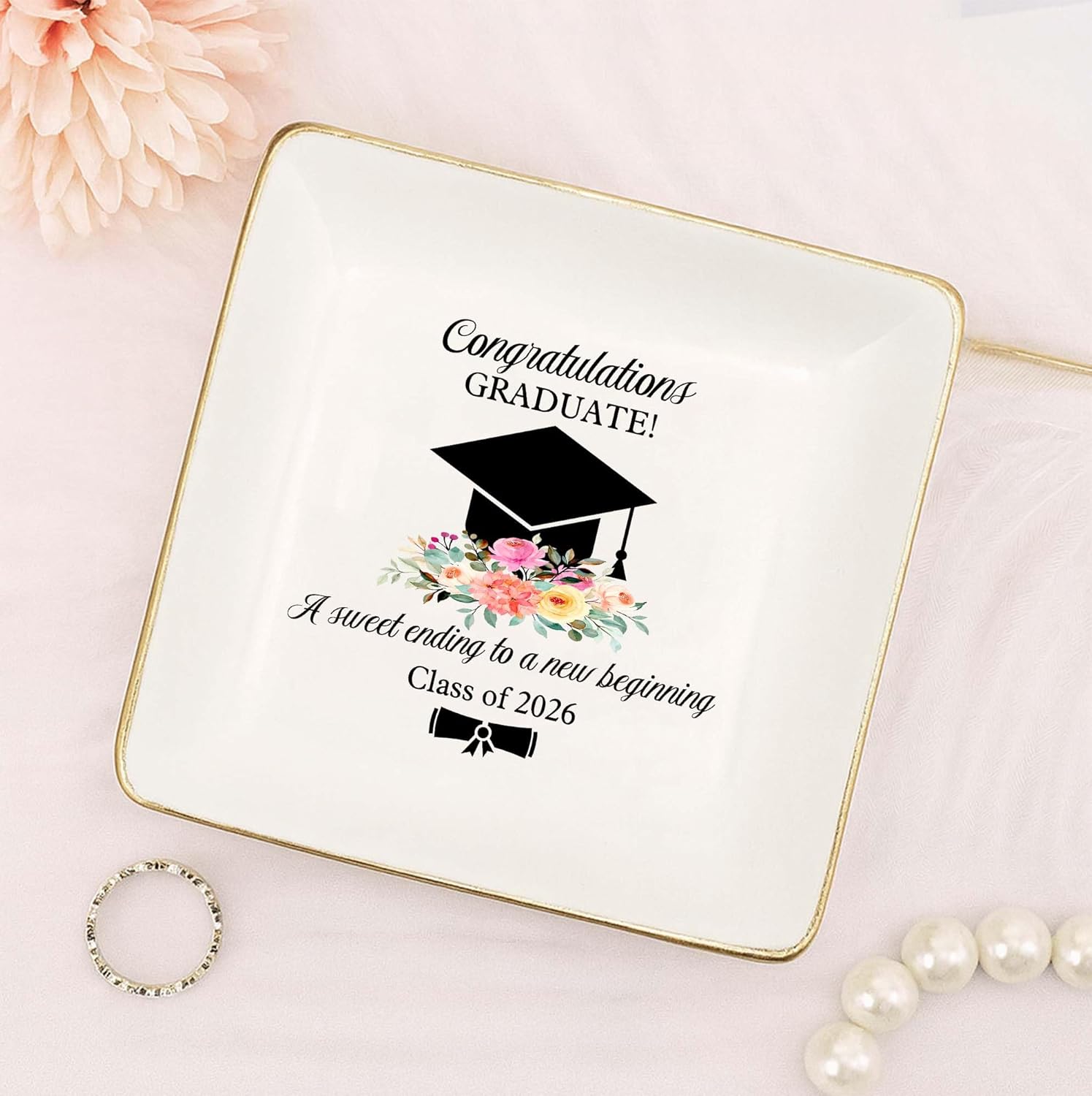 Graduation Gift for Her 2026 – Cap & Flowers Graduate 4" Ceramic Jewelry Dish – Class of 2026 Gift for Daughter, Sister, Friend– High School, College or University Graduate Keepsake Jewelry Tray Gifts - Image 9