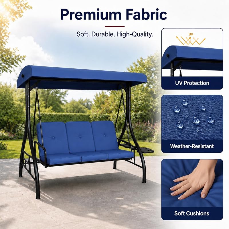Garvee 3-Seat Outdoor Porch Swing with Adjustable Canopy, Blue image 2