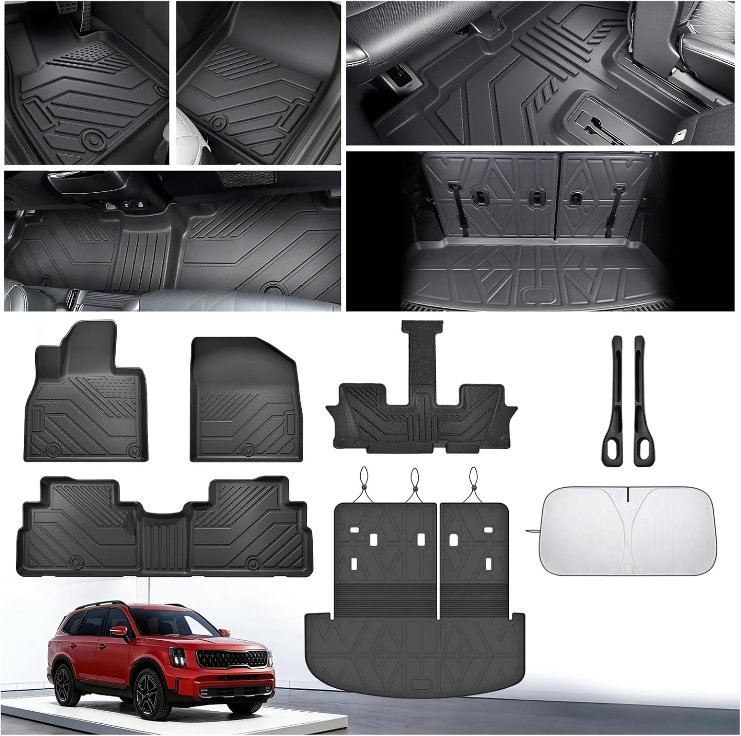 Floor Mats for Kia Telluride 2020-2025(7/8 Seat), All Weather Protection Custom Floor Mats Trunk Cargo and Car Windshield Cover Set for Kia Telluride Accessories,Car Floor Liners Set,5packs.