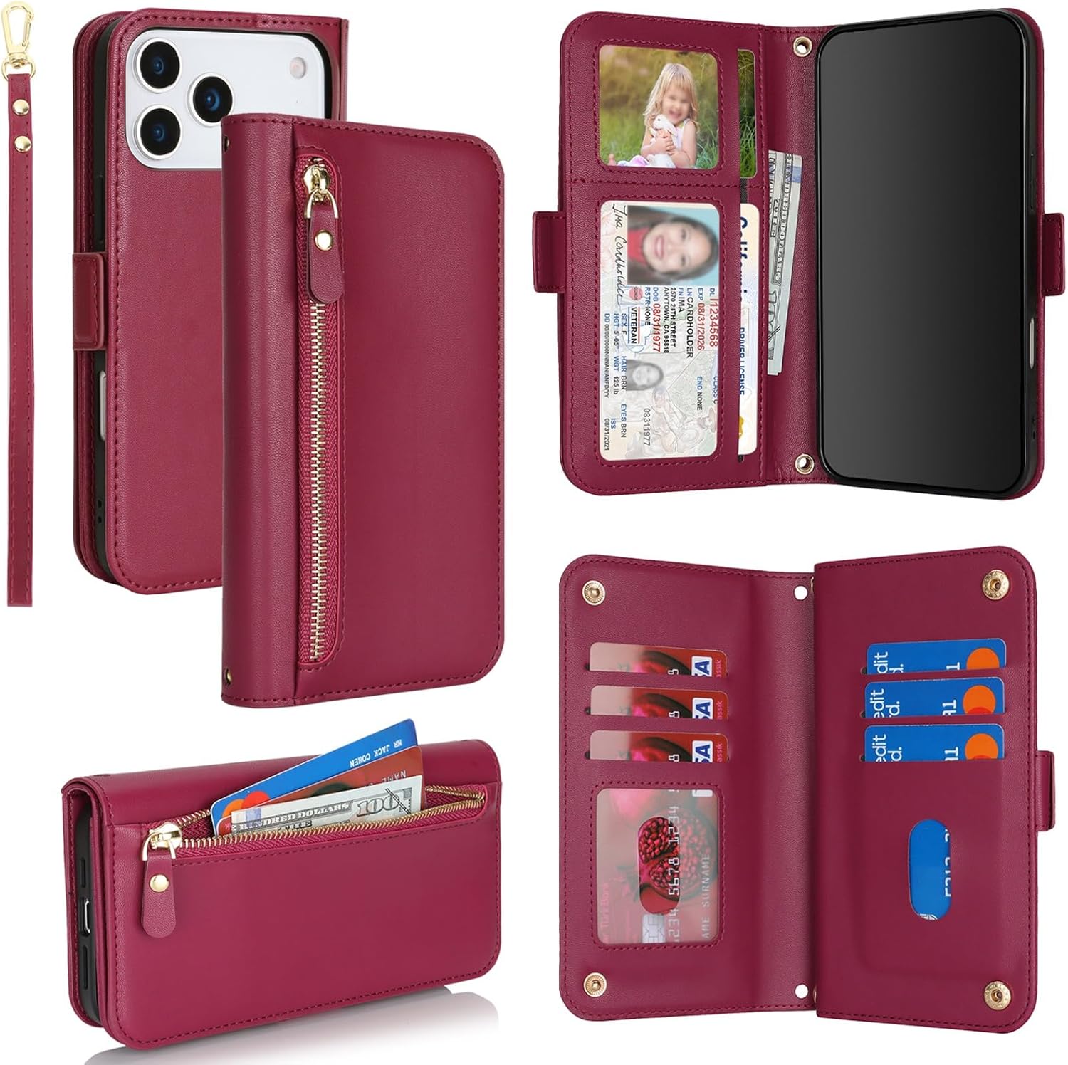Jaorty Compatible with iPhone 17 Pro Wallet Phone Case flip Cover for Apple 17 Pro Dark Red PU Leather, Women Men, Kickstand, Wrist Strap, Zipper, Card Holder, Credit Slots, 6.3"