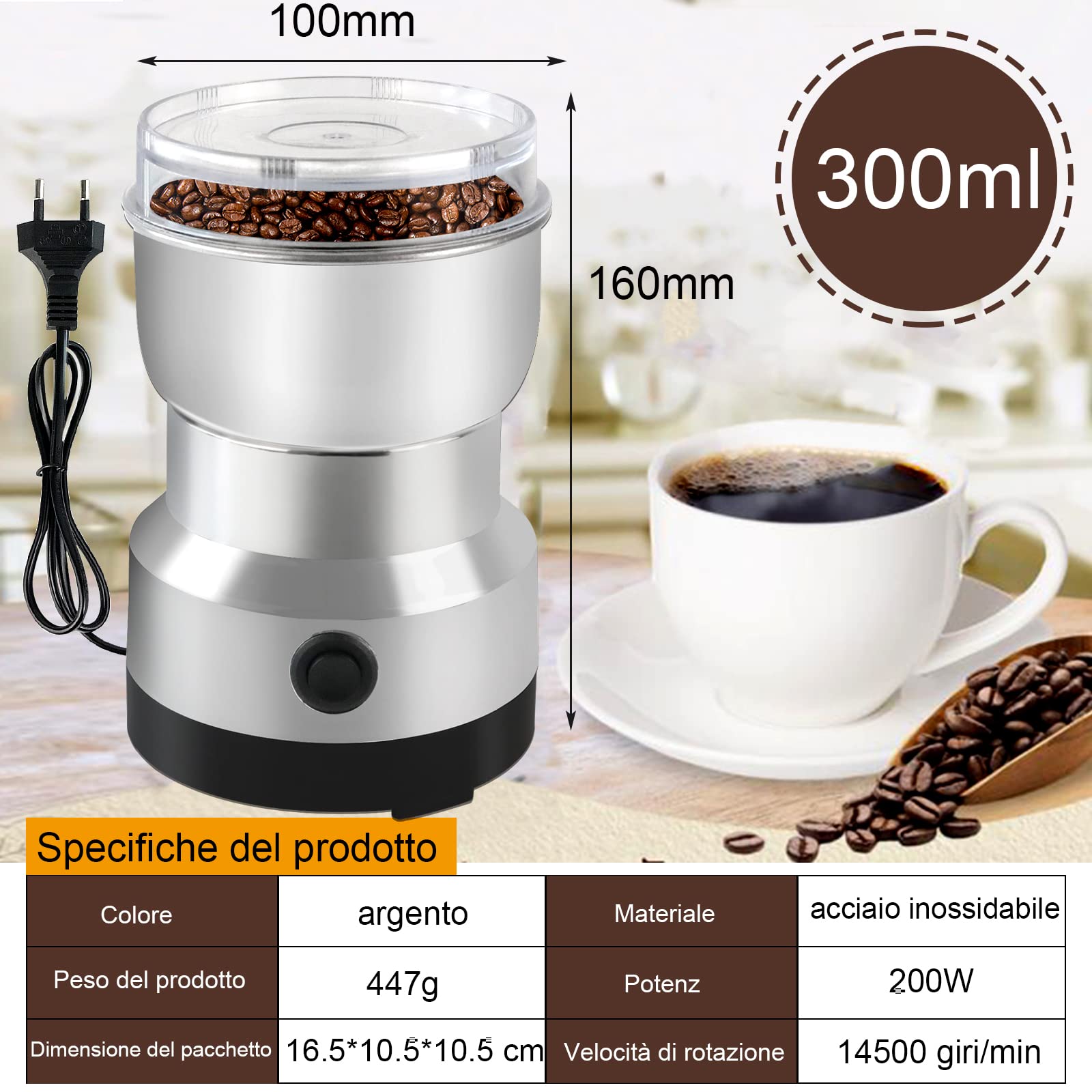 Macinacaffè Elettrico,Coffee Grinder,Macina Chicchi di Caffè,Macinacaffè Elettrico di Potenza 200w,Macina Spezie per Macinare Wspezie,Erbe,Noci,Peperoni e Semi,Capacità di 300ml,Macinazione Rapida