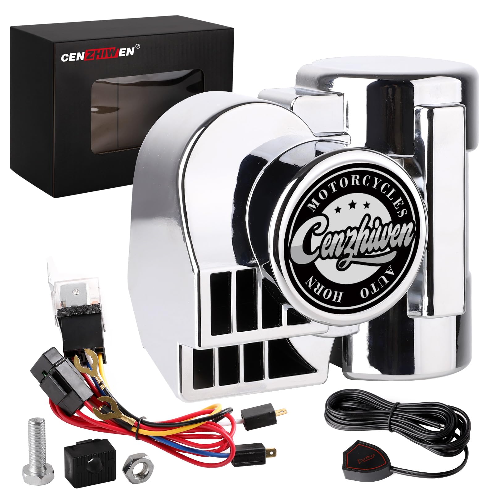 Cenzhiwen Motorcycle Air Horn Kit 12V 150db Super Loud Car Horn, with Air Compressor and Wiring Harness, Suitable for Any 12V Vehicle/Train/Truck/Motorcycle/Boat/Pickup (silvery with button)