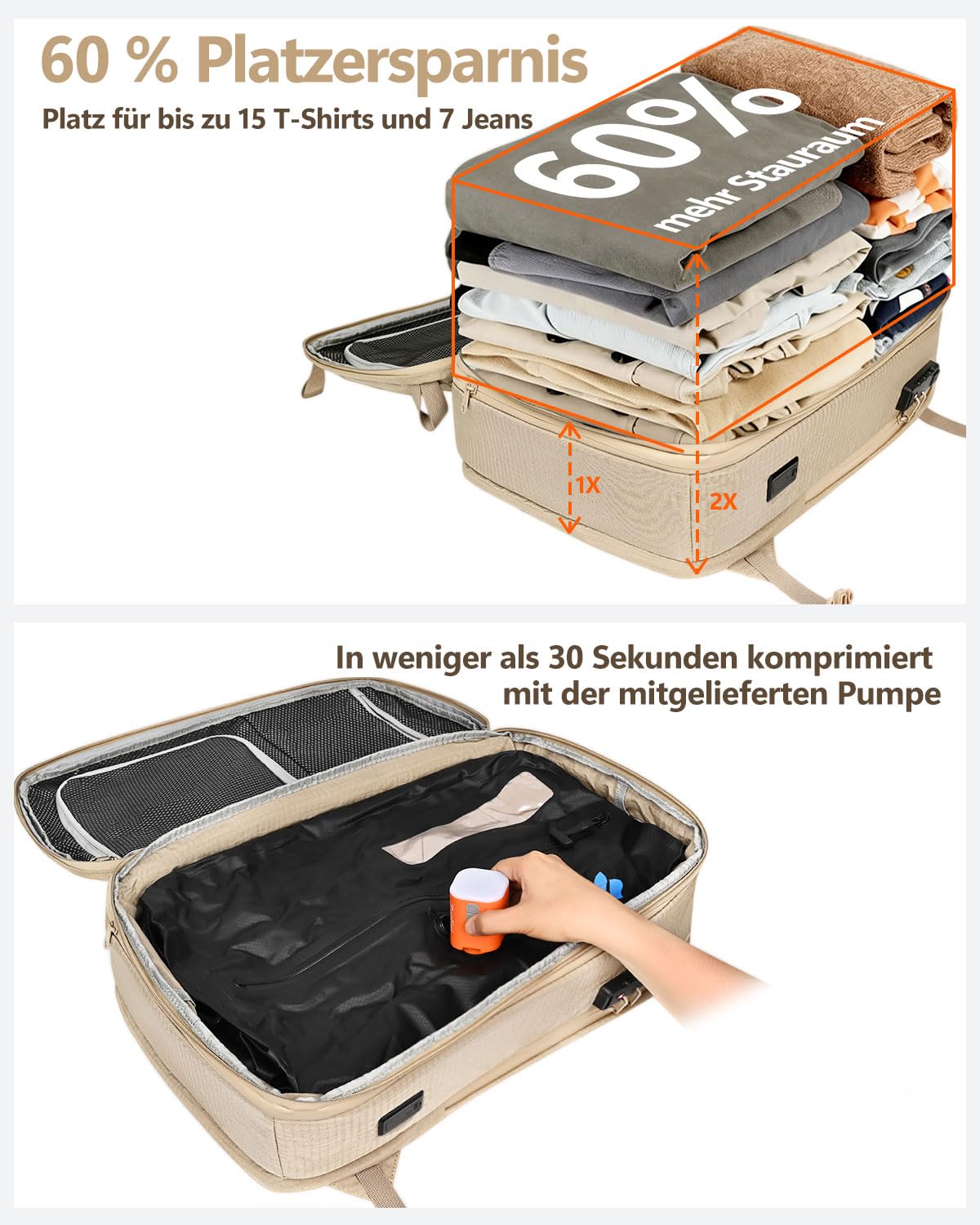 Zurligi Vakuum-Reiserucksack mit Pumpe, 40–70L, Handgepäck, Hüftgurt, Beige | Erweiterbarer Carry-on-Rucksack mit Kompression, TSA-Schloss, abnehmbarem Hüftgurt und wasserabweisendem Design für Reisen