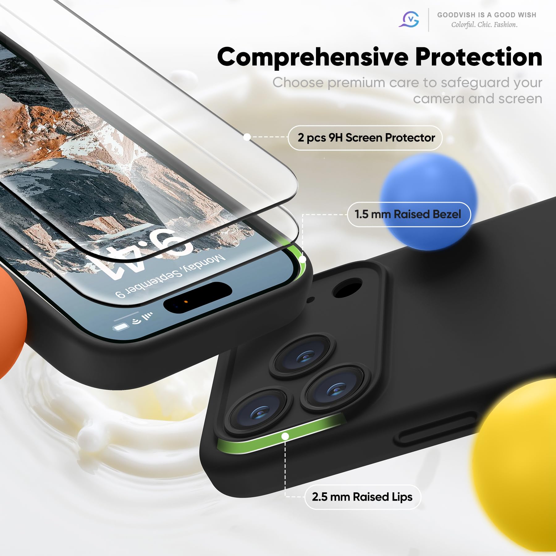 GOODVISH Silicone Cover per iPhone 17 Pro 6.3", Custodia con 2x Vetro Temperato [Pulsante Controllo Fotocamera] 360° Protezione Anticaduta Case per Cellulare Antiurto Resistente, Nero