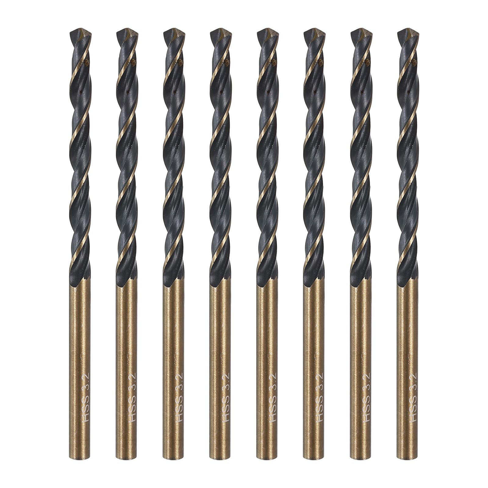 sourcing map 8pcs Reduced Shank Twist Drill Bit 3.2mm Dia 3.2mm Shank High Speed Steel M2 Black and Gold Oxide Finish Drill Bits for Drilling Hard Metals, Stainless Steel, Cast Iron