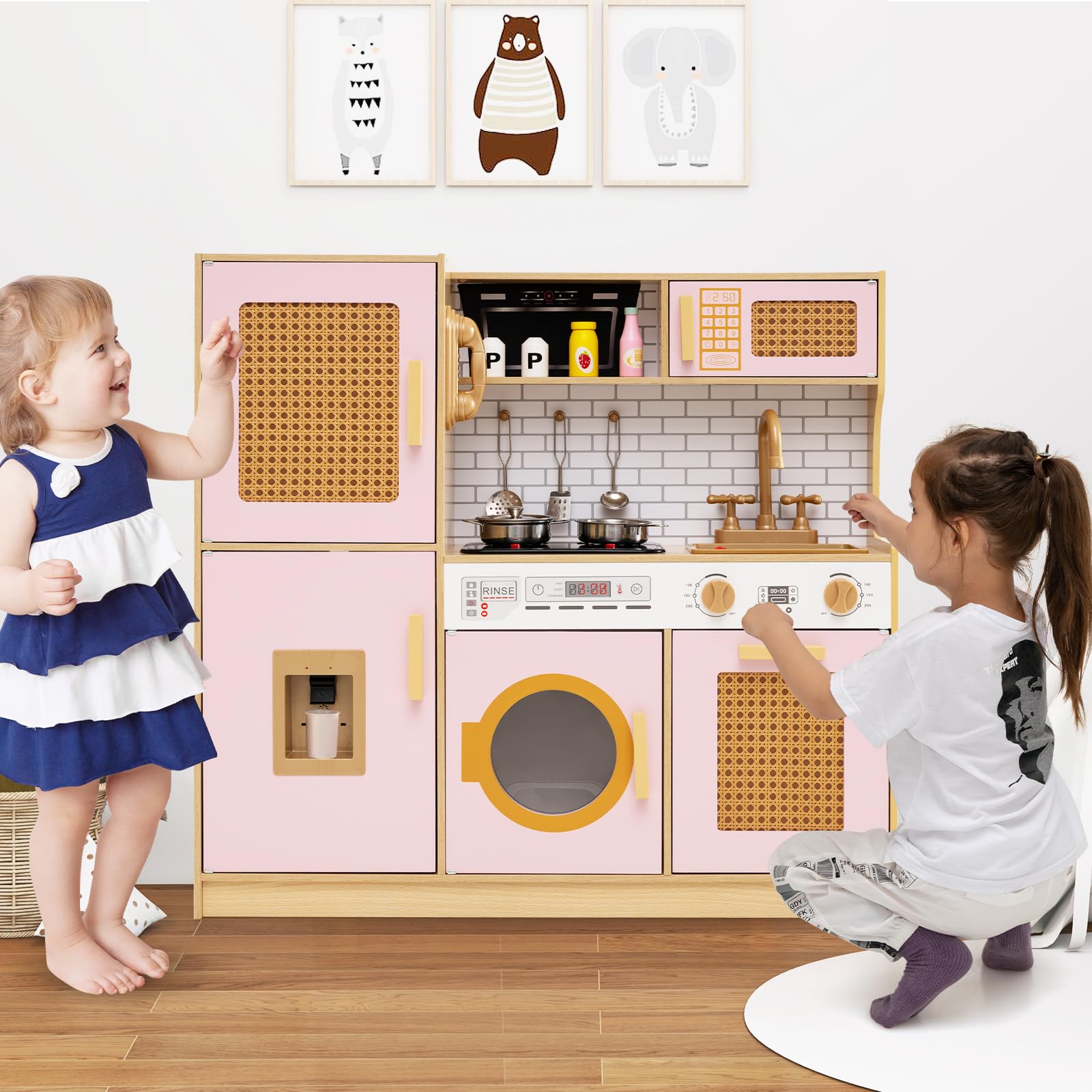 COSTWAY Cuisine Enfant avec Lumière & Effet Sonore, Cuisiniere Enfant avec Distributeur d'eau & Machine à Laver & Four, Portes en Rotin, Jeu de Cuisine pour Garçons Filles de 3 Ans+ (Rose)