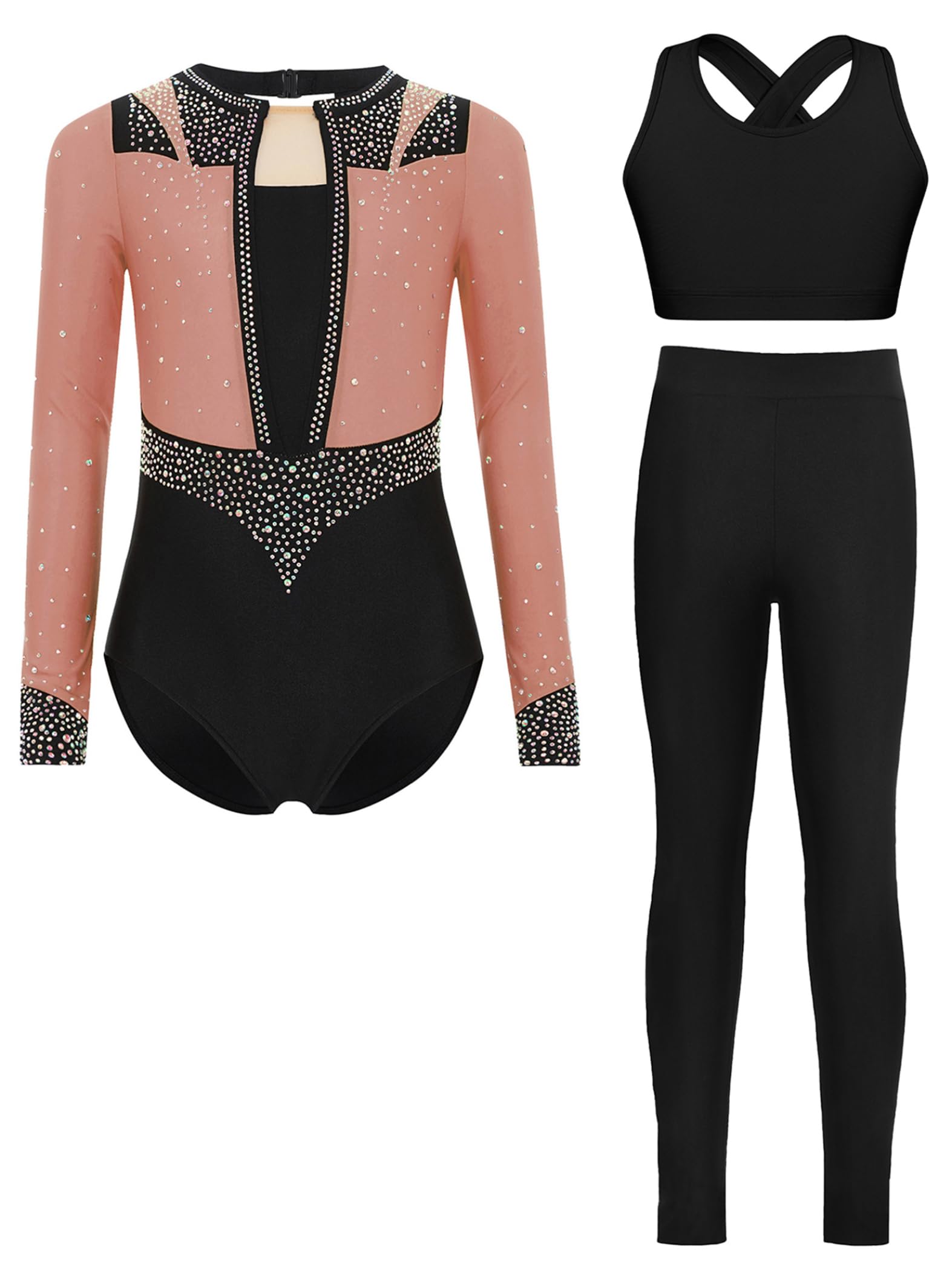 3Pcs Mädchen Turnanzug Glitzer Gymnastikanzug Langarm Ballettanzug Gymnastik Leotard + Sport BH Tops + Hose Wettbewerb Tanzkostüm