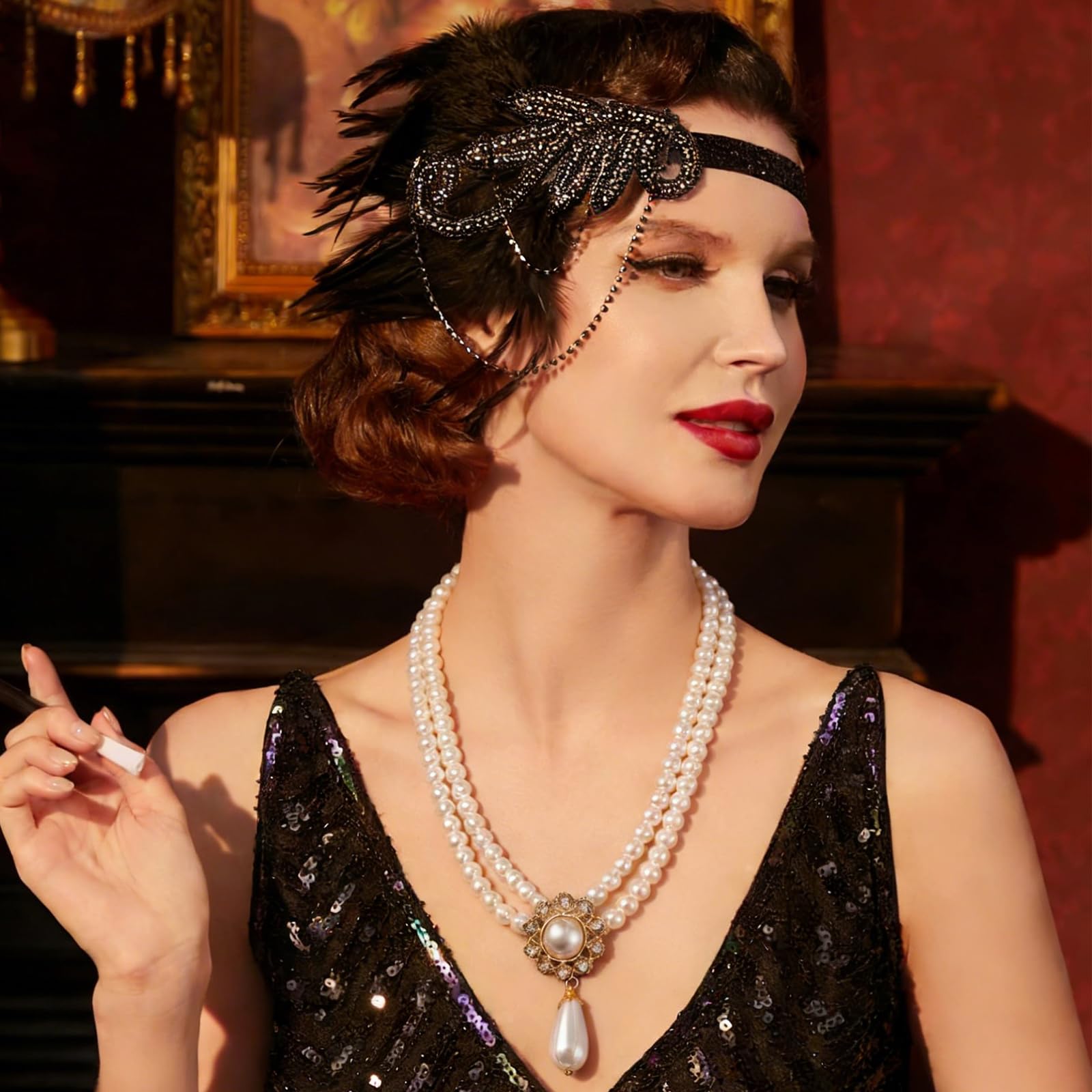 Amazleer 1920s Flapper Accessories Set for Women-Roaring 20s Costumes-Flapper Headpiece, Pearl Necklace (Black&White) - Image 2